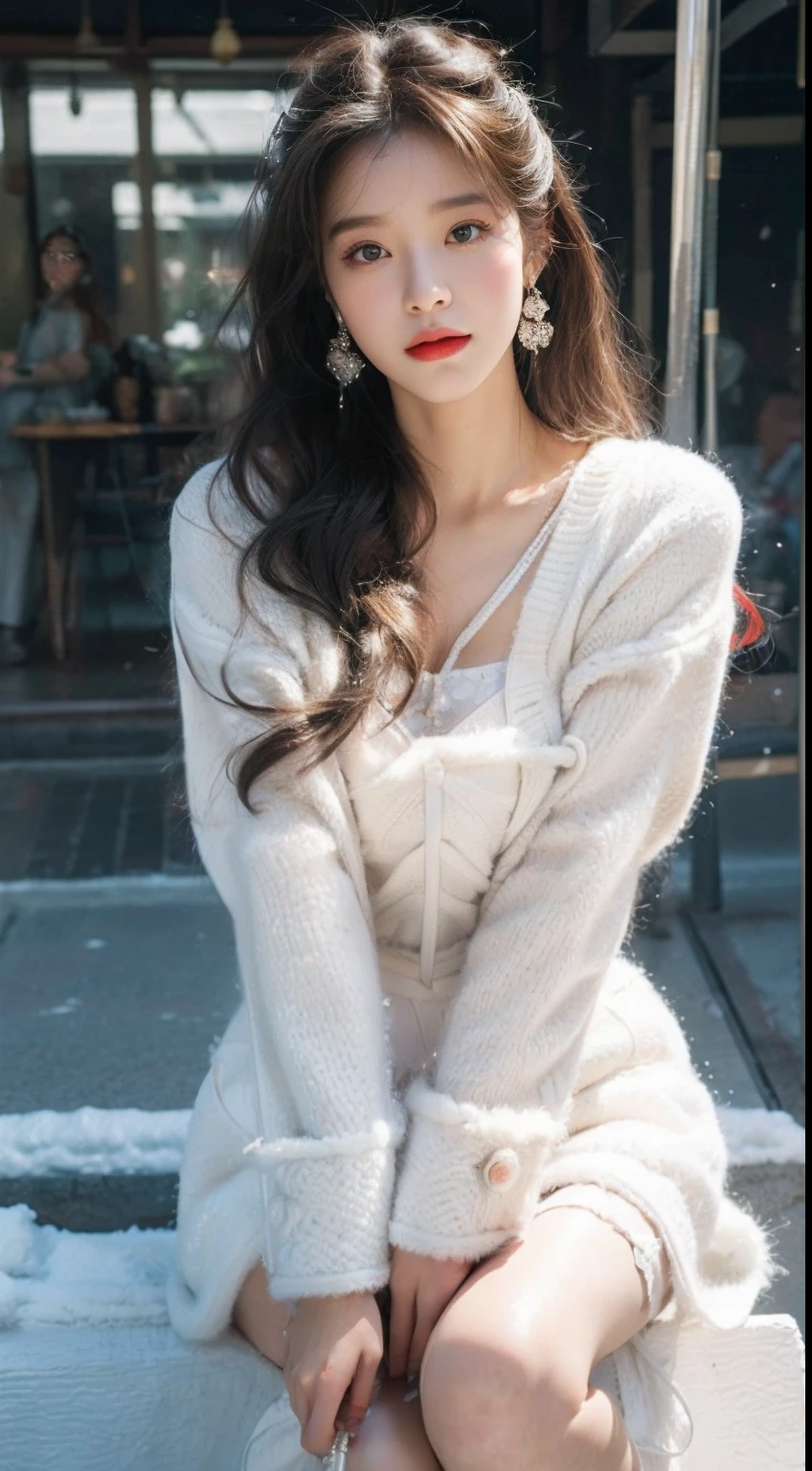 (（best qualtiy，tmasterpiece，超A high resolution）)，（realisticlying：1.4），(Korean star poster-like)，1girll，From head to knee，Dynamic posture，adult face，Slim，(ssmile)，joy，Reflective eyes，（shiny skins），（contours，frontage)，whaite hair，long whitr hair，黑The eye，Top fashion，（（White plush coat）），Beautiful costumes，(Lolita costume)，(short  skirt)，（Real drifting snow：1.5，snow cover，Simple street），(Clear eyes)，(Clear nose)，(Clear lips)，(Fair skin)，(Ultra-realistic textile textures)，cinmatic lighting，35mm，offcial art，Incredibly Ridiculous res，hugefilesize，