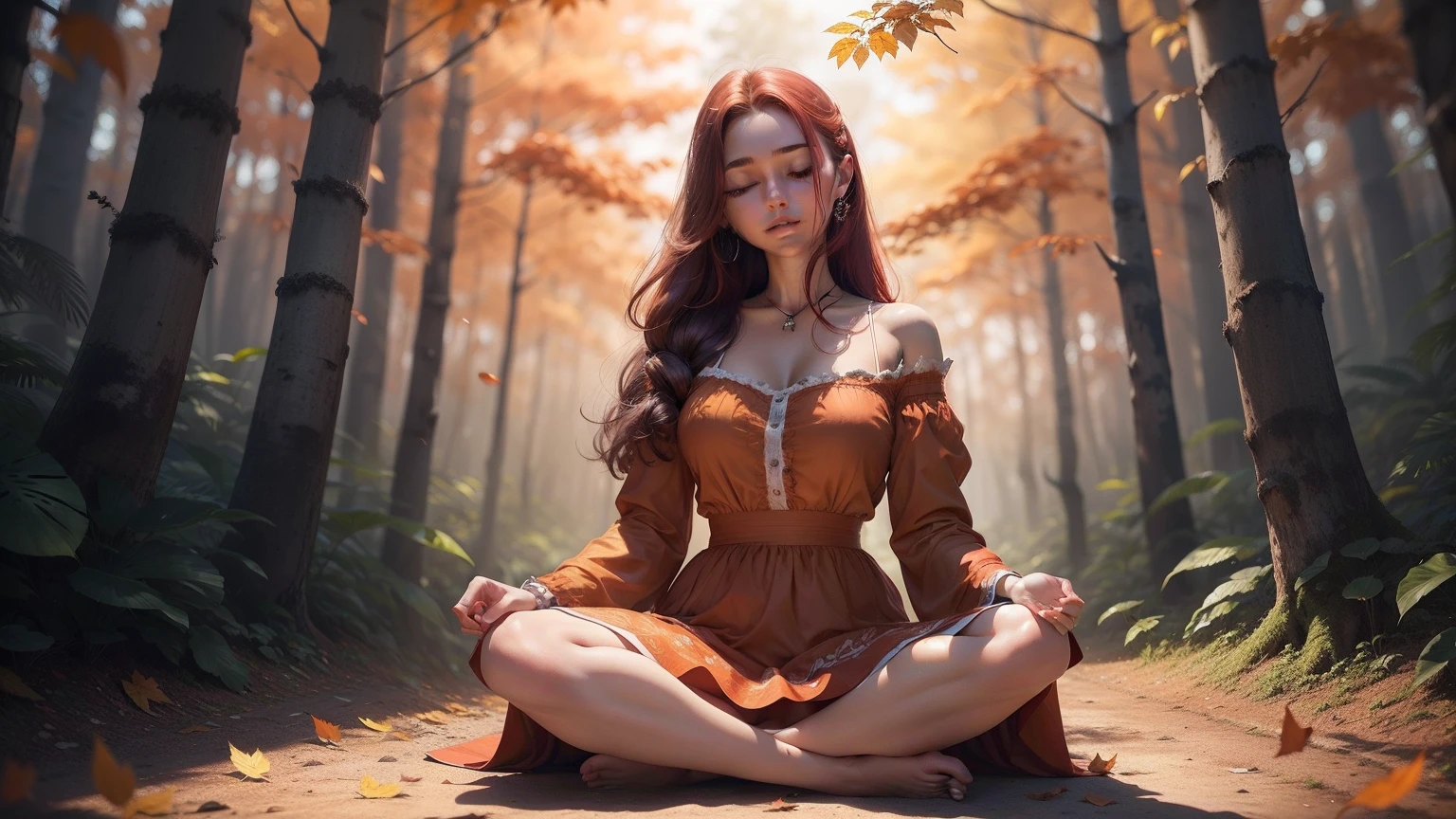 obra-prima, melhor qualidade, realista, 1 girl with closed eyes, cabelo vermelho, uma mulher ruiva sorrindo com olhos fechados, with bohemian dress without necklines, Sitting on the floor in Lotus posture, in a forest full of autumn trees with leaves in shades of orange and red. O solo coberto de folhas cria uma atmosfera calma.