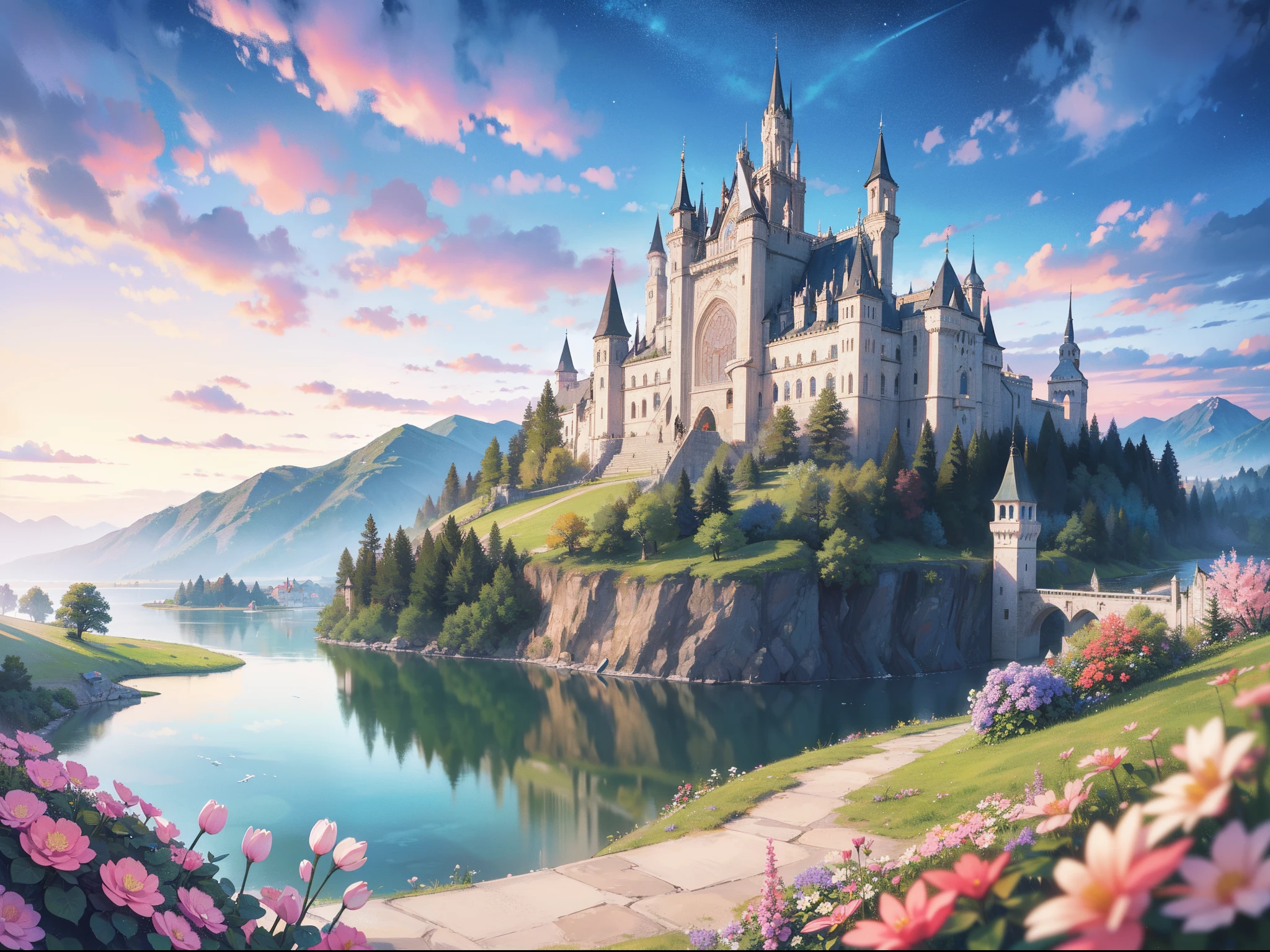 masterpiece, best quality, 8k resolution, sharp focus, intricate detail, beautiful landscape, fantasy storybook castle, magical landscape, colorful, whimsical, magical, high resolution, fine details, fantasy, lake, flowers, garden, village, (huge castle), colorful beautiful sky