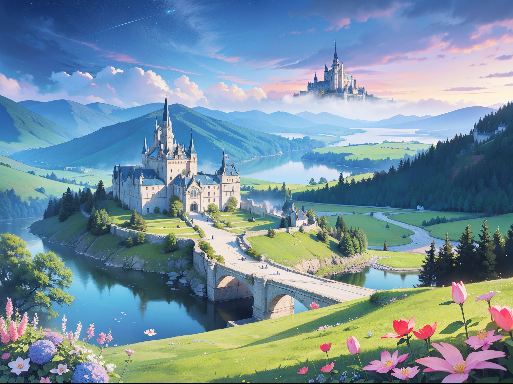masterpiece, best quality, 8k resolution, sharp focus, intricate detail, beautiful landscape, fantasy storybook castle, magical landscape, colorful, whimsical, magical, high resolution, fine details, fantasy, lake, flowers, garden, village, (huge castle), colorful beautiful sky