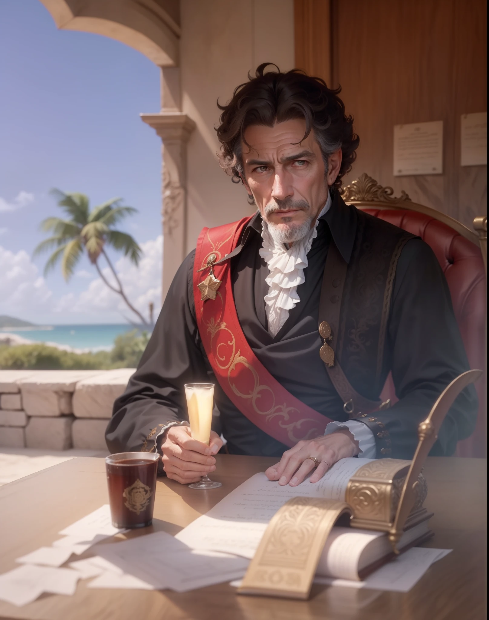 Nicholas de Ovando, governor, officer, 16th century, renaissance, age of exploration, Spanish, age of 50, old, wrinkle, bronze hair, curly hair, man, fair and just, rational,  serious