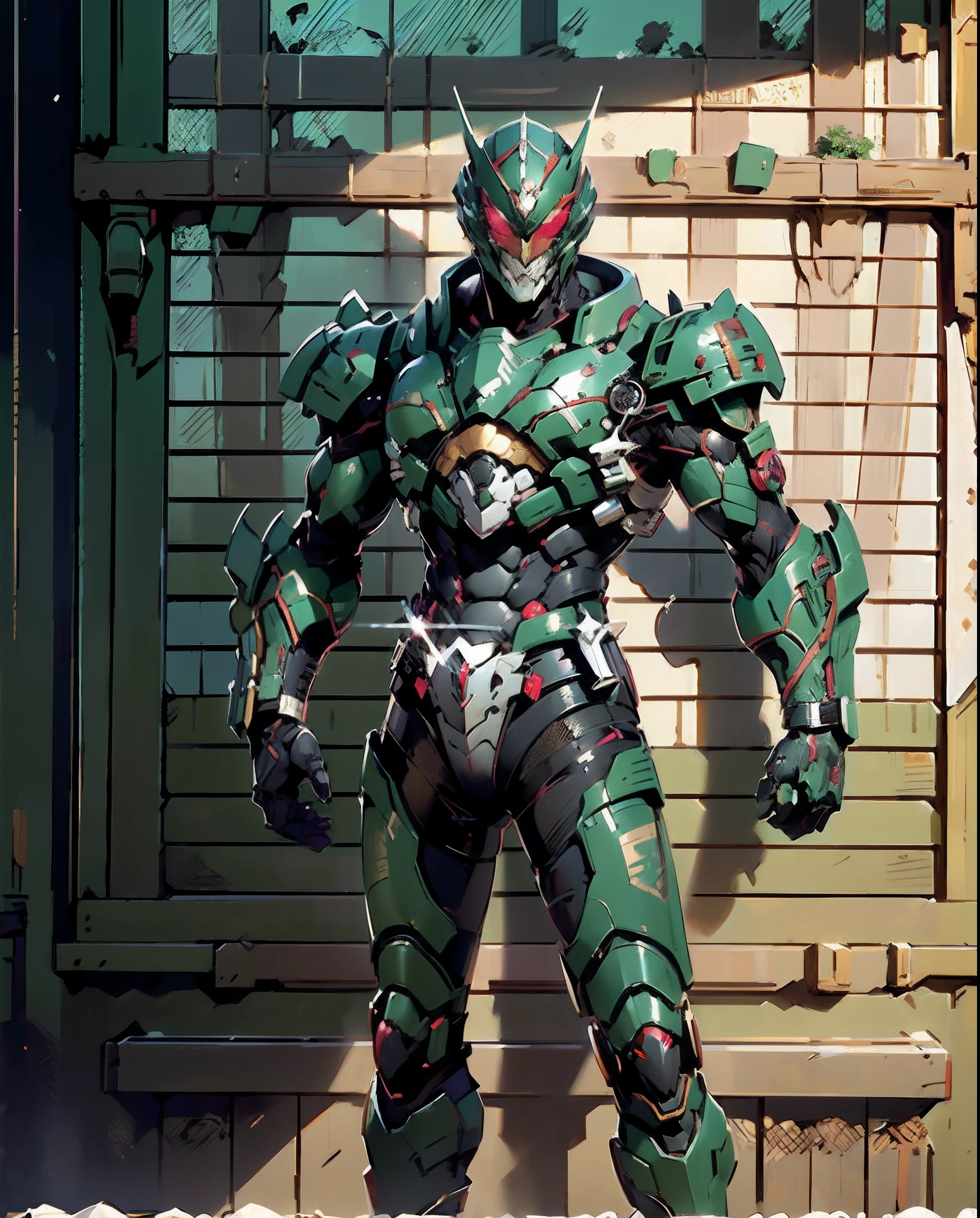 A man wearing a helmet that covers a large portion of his face, dressed in a fantasy-style armor with a biologically-inspired design, the armor's color scheme is predominantly black as the main colors, with accents of  red textures, He embodies a fantasy-style armored hero with a Japanese anime-inspired design, with intricate character design and a mature artistic style, ((character concept art)), full body character drawing, high definition, best quality, ultra-detailed, extremely delicate, anatomically correct, symmetrical face, extremely detailed eyes and face, high quality eyes, creativity, RAW photo, UHD, 8k, professional lighting, soft lighting, (masterpiece:2)