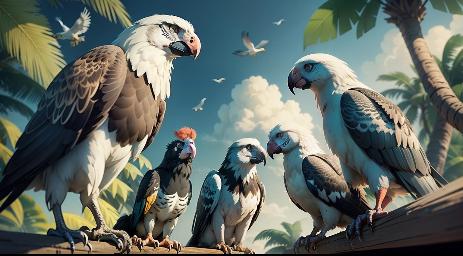 Animals(rabit, surreal ,rat, eagle,parrot,birds)re laughing jungle, cartoon style,,
