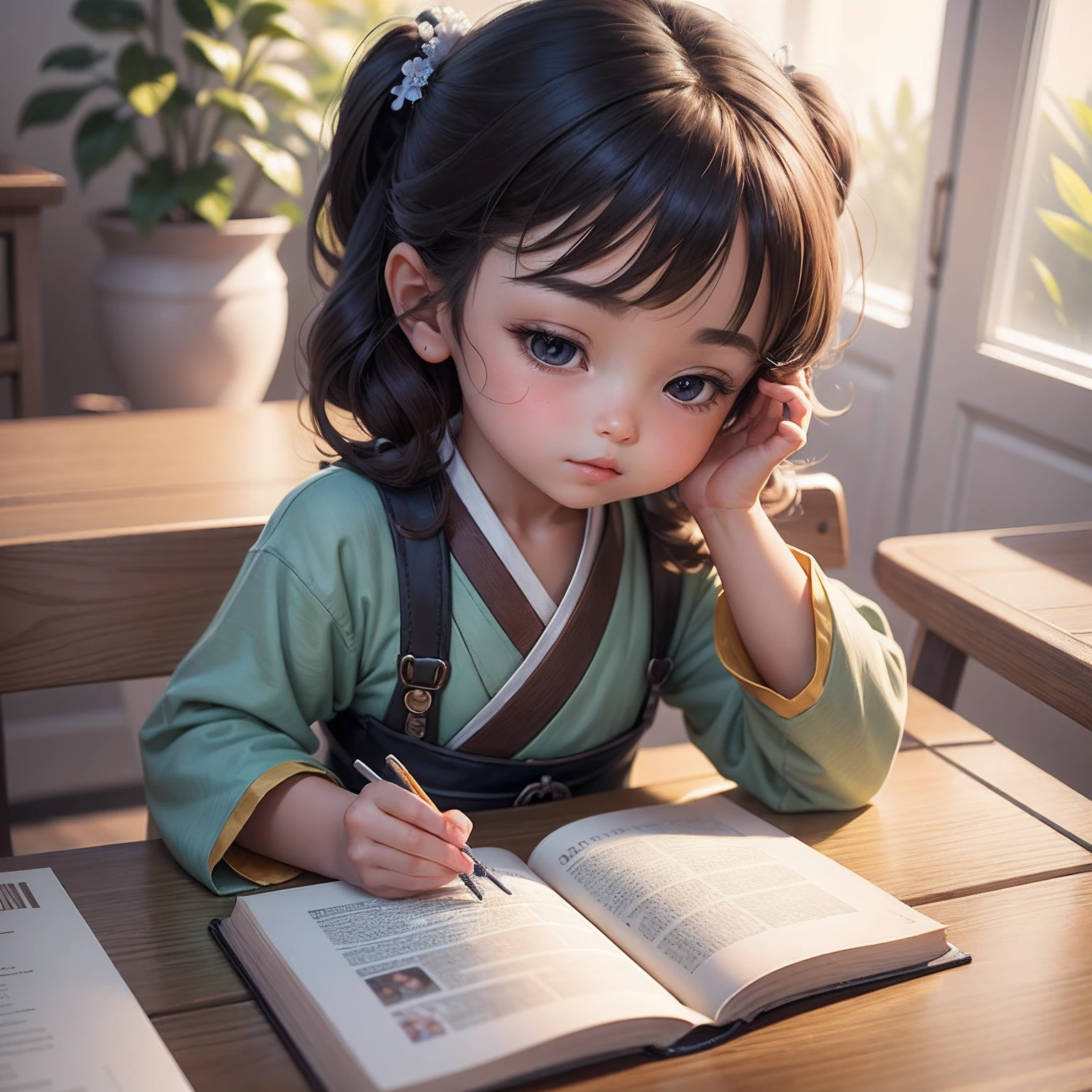 masterwork 3D ,Close-up of a reading a book on a table, lovely digital painting, Cute detailed digital art, adorable digital art, Cute cartoon character, Realistic cute girl painting, cute detailed artwork, Beautiful character painting,digital cartoon painting art, Cute cartoon,A girl in Hanfu