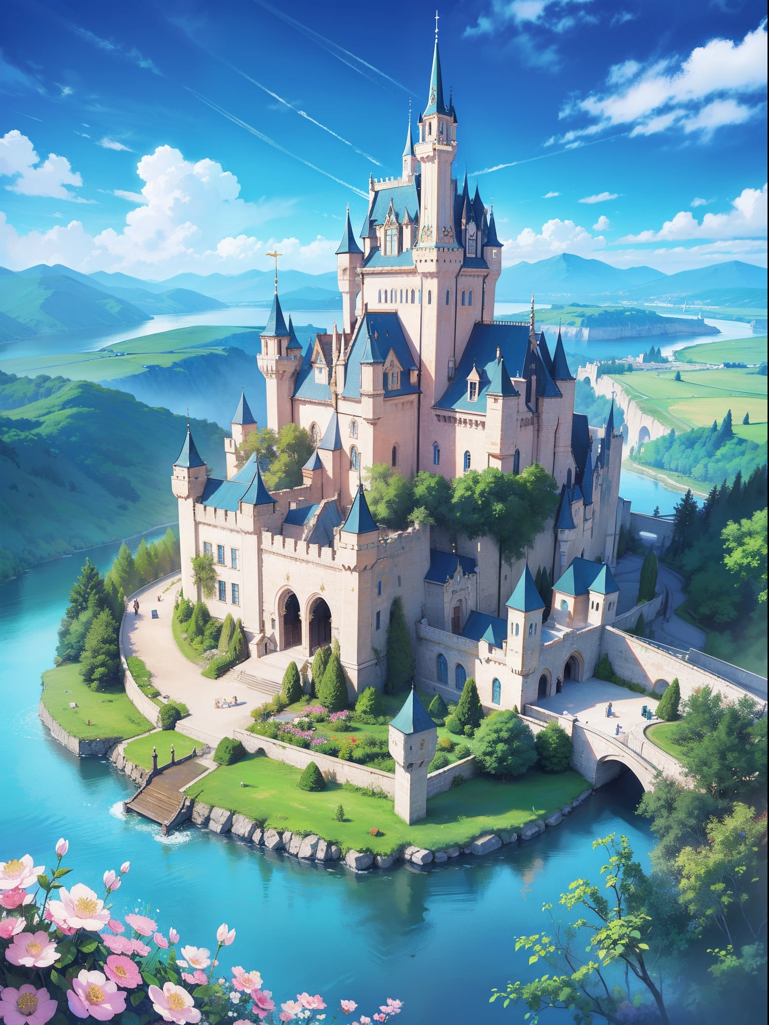 masterpiece, best quality, 8k resolution, sharp focus, intricate detail, beautiful landscape, fantasy storybook castle, magical landscape, colorful, whimsical, magical, high resolution, fine details, fantasy, lake, flowers, garden, village, (huge castle), colorful beautiful sky