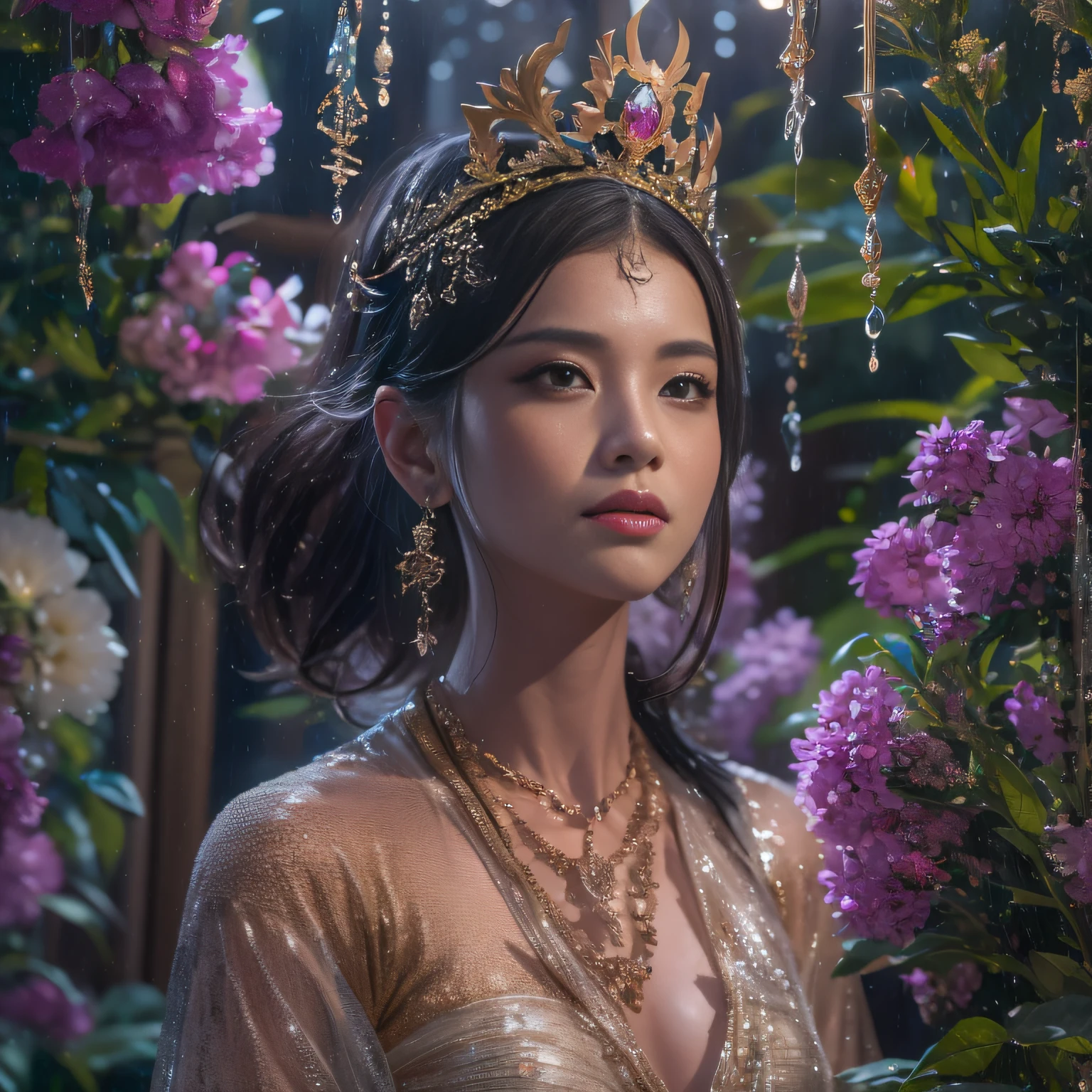 32K（tmasterpiece，k hd，hyper HD，16k）short detailed hair，Vintage train in the back room，Rain Circle Girl ，The nostrils look at people （realisticlying：1.4），Python robe，Purple-pink tiara，Rain flower，The background is pure， A high resolution， the detail， RAW photogr， Sharp Re， Nikon D850 Film Stock Photo by Jefferies Lee 4 Kodak Portra 400 Camera F1.6 shots, Rich colors, ultra-realistic vivid textures, Dramatic lighting, Unreal Engine Art Station Trend, cinestir 800，Close-up of the side of the half，There is light in the eyes
