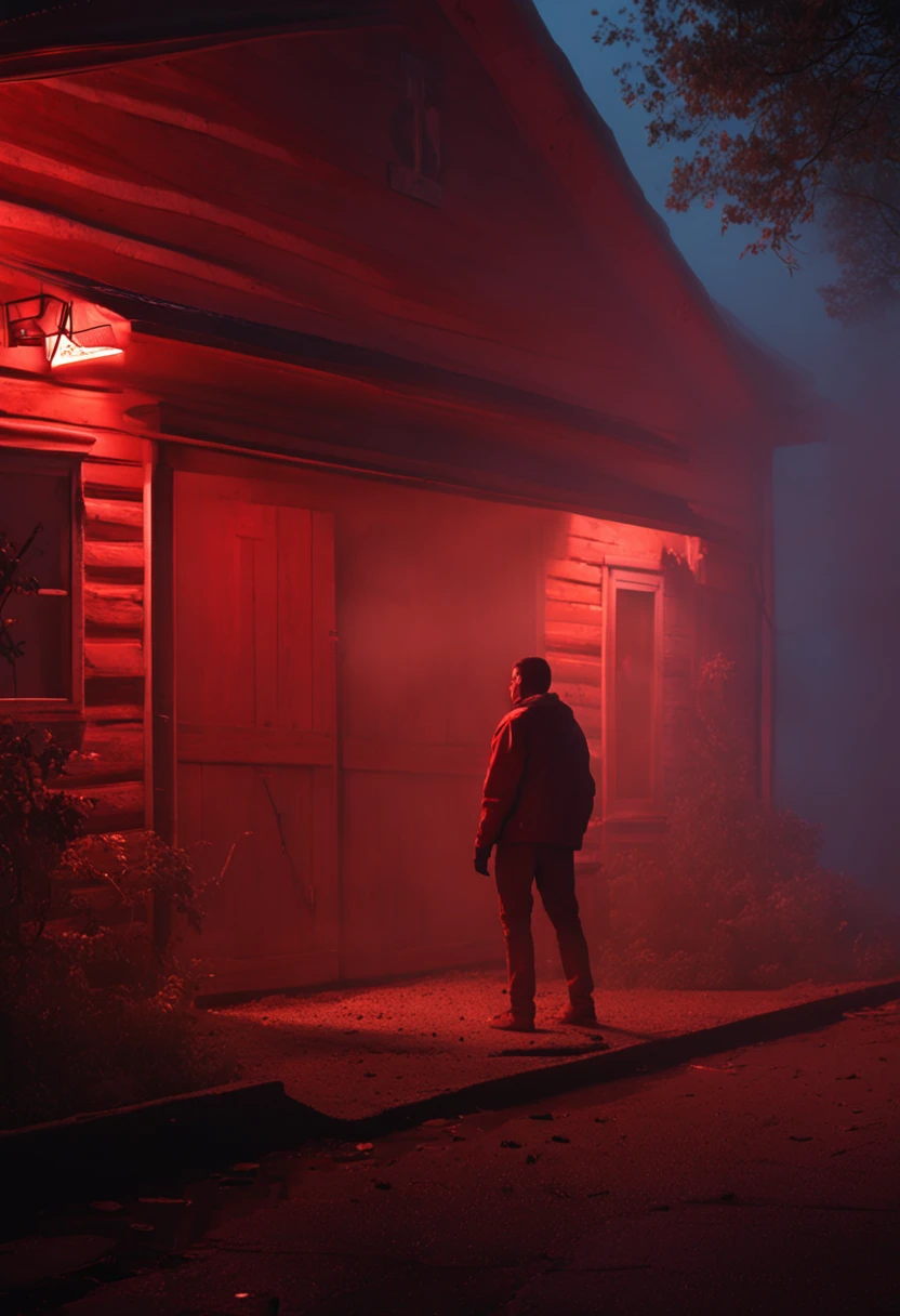 Imagen de una persona parada frente a un garaje, niebla naranja, niebla iluminadora roja, Renderizado de octanaje. diente, neon tooth, niebla roja, Mystical orange mist, Volumetric lighting and fog, frente a un garaje, Inspirado por Roger Deakins, red and cinematic lighting, Volumetric fog and lighting, Nebula volumetric illumination, rojo - niebla tonificada