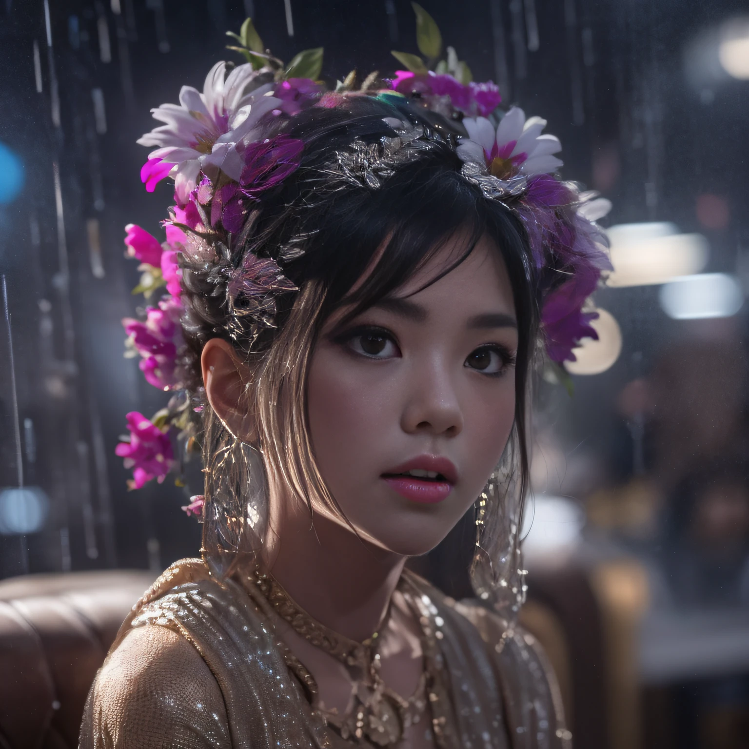 32K(tmasterpiece,k hd,hyper HD,16k)short detailed hair,Vintage train in the back room,Rain Circle Girl ,The nostrils look at people (realisticlying:1.4),Python robe,Purple-pink tiara,Rain flower,The background is pure, A high resolution, the detail, RAW photogr, Sharp Re, Nikon D850 Film Stock Photo by Jefferies Lee 4 Kodak Portra 400 Camera F1.6 shots, Rich colors, ultra-realistic vivid textures, Dramatic lighting, Unreal Engine Art Station Trend, cinestir 800,Close-up of the side of the half,There is light in the eyes