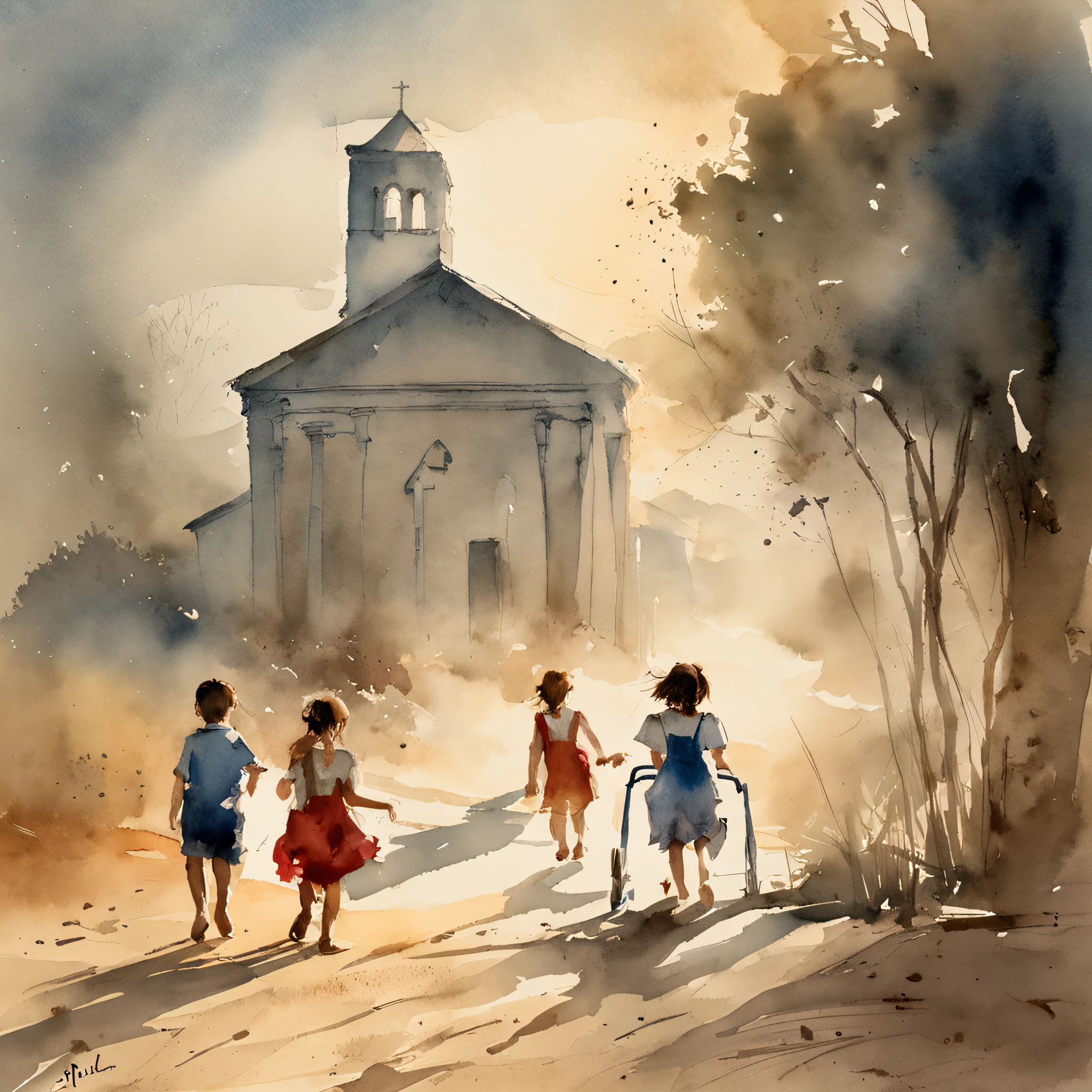 children going to church A shadow in the shape of a walker, Noite estrelada, Thick fog on the ground, Luz azul no horizonte, Motor Unreal 5, cinemactic, Low-angle photography, motion blur, proFundidade de campo, dust, Cobblestones and dirt. arte splash, pingando tinta. Perfect color classification. inFluenciado por karel Appel e jeremy mann, Full of dramatic and threatening scenes, hiper-detalhado, Beautiful, detalhes insanos, detalhes intrincados, FotograFia Editorial, FotograFado com uma lente de 50mm, proFundidade de campo, Tilt Blur, Velocidade do obturador 1/1000, F/22. Mapas de luz, super brilhante