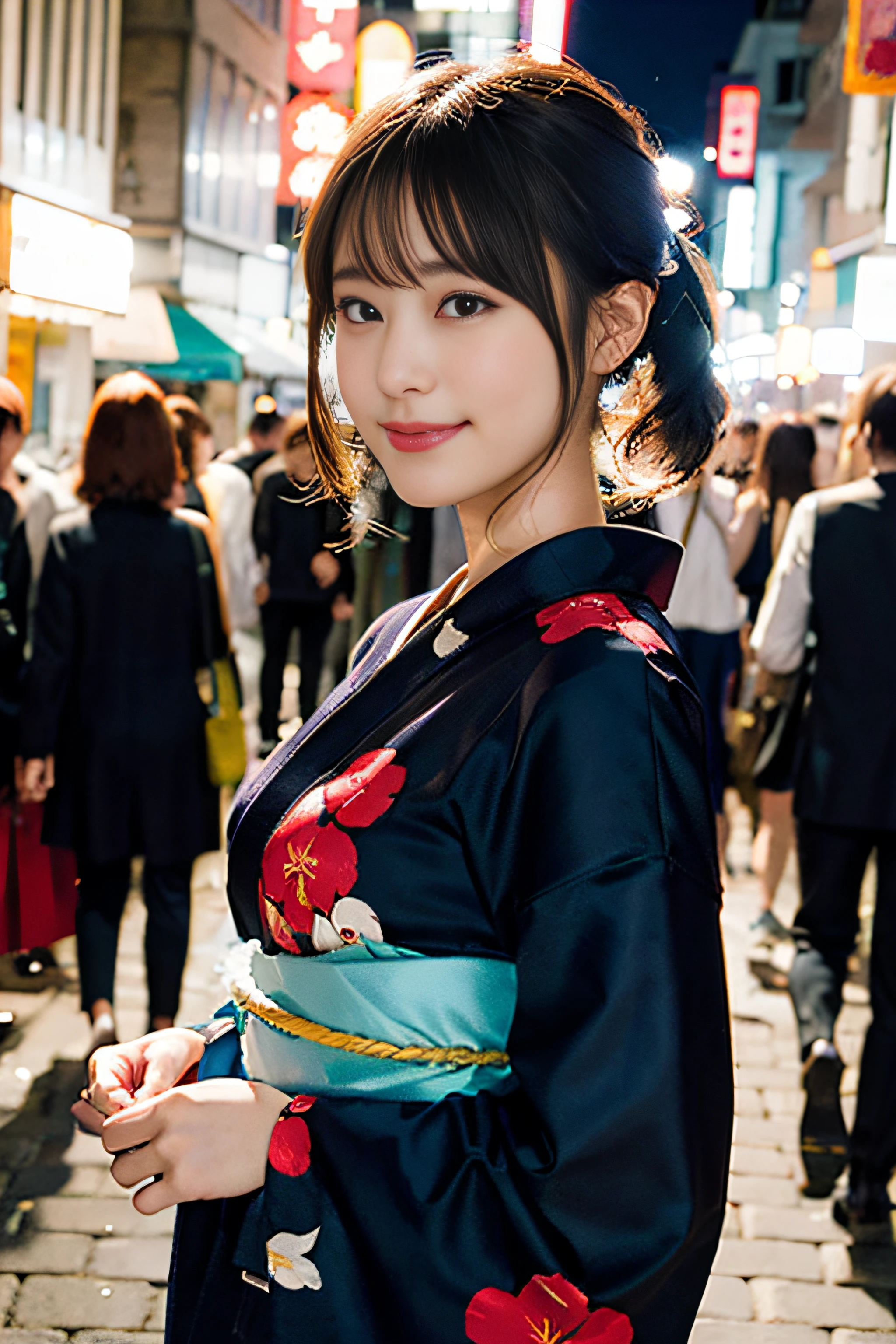 (8K、Raw photography、top-quality、masterpiece:1.2)、(realisitic、Photorealsitic:1.37)、ultra-detailliert、超A high resolution、女の子1人、see the beholder、beautifull detailed face、A smile、Constriction、(Slim waist) :1.3)、Beautiful detailed skin、Skin Texture、Floating hair、Professional Lighting、Whole human body、Longhaire、(a blond)、Japan floral yukata、matsuri、In the street、sparklers、poneyTail