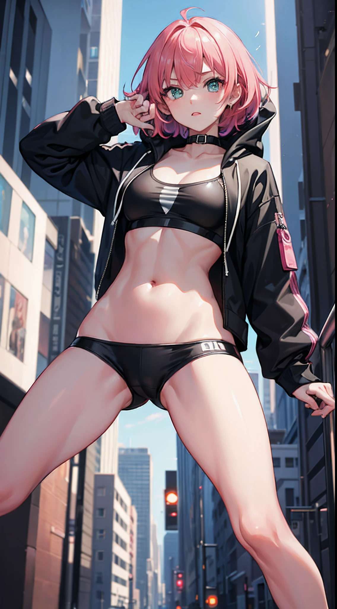 girl, (Masterpiece), (best anatomy), highres, ultra-detailed, dynamic lighting, dynamic colors, best background, best pose, beautiful, dreamy, dream girl, smooth skin, shiny skin, girl, Model, model pose, cute, hot, short bright pink hair, big neon green eyes, wide eyes, in the city, hoodie, black leggings, cute face, young face, teenager, oversized hoodie,