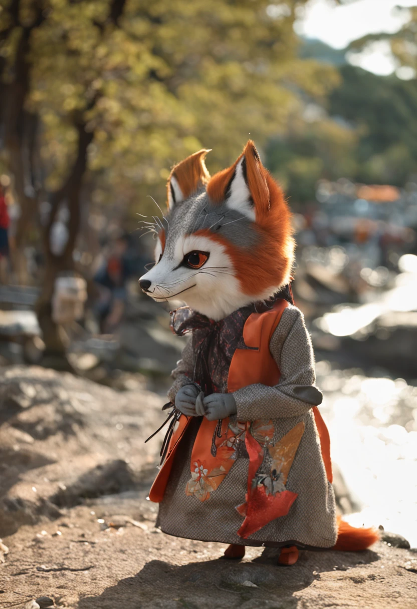 1,66, ruiva, delineado de raposa, olhos avermelhados, clothes with fox souvenirs,leque nas mao, detalhes preto, roupas estilo japonesa