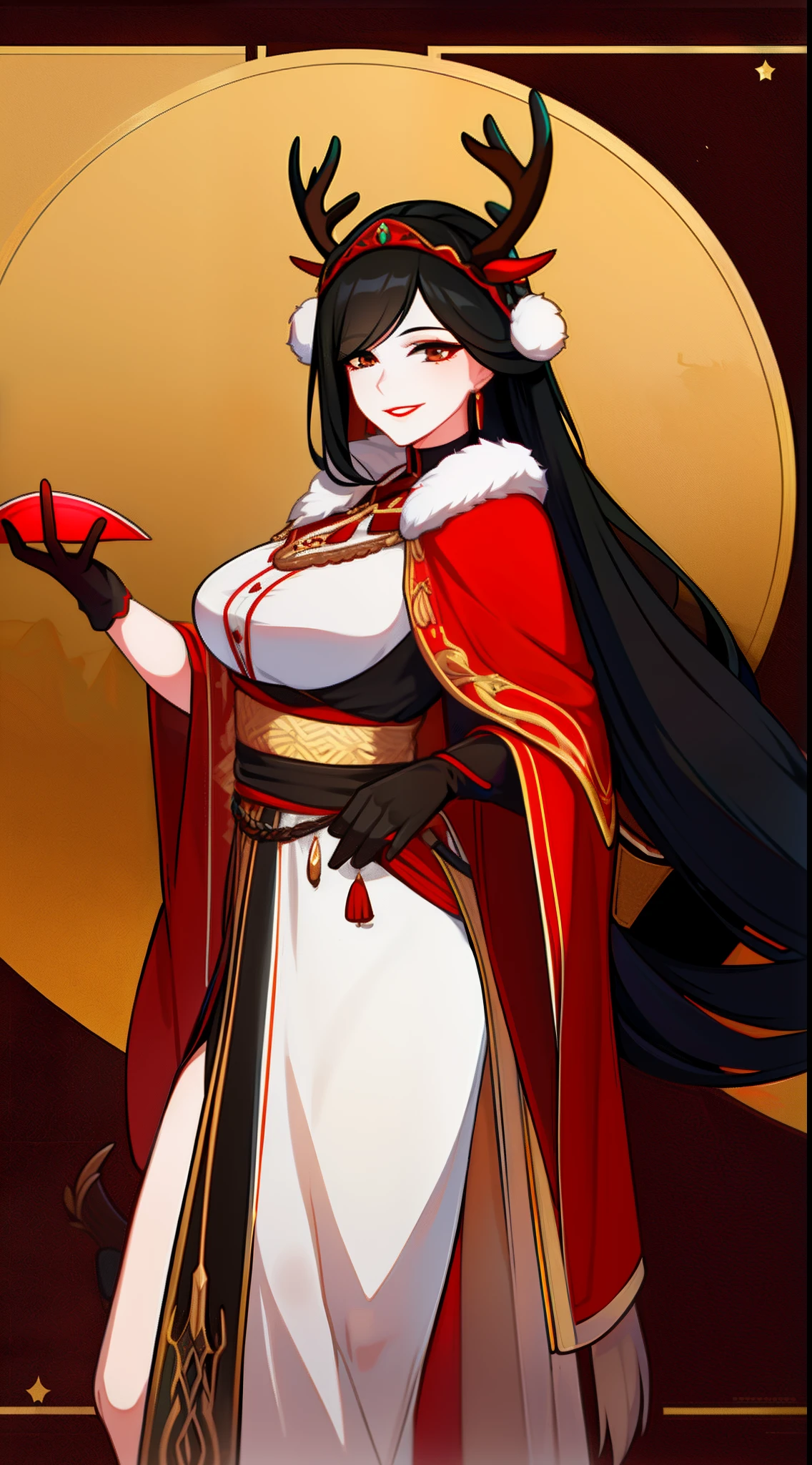 guigubahuang,1girl, Chinese style, jewelry, dress, black hair, chinese clothes, black background, bracelet, red dress, looking at viewer, breasts, red lips, simple background, fur trim, brown eyes, wide sleeves, earrings, upper body, long sleeves, sash, closed mouth, large breasts