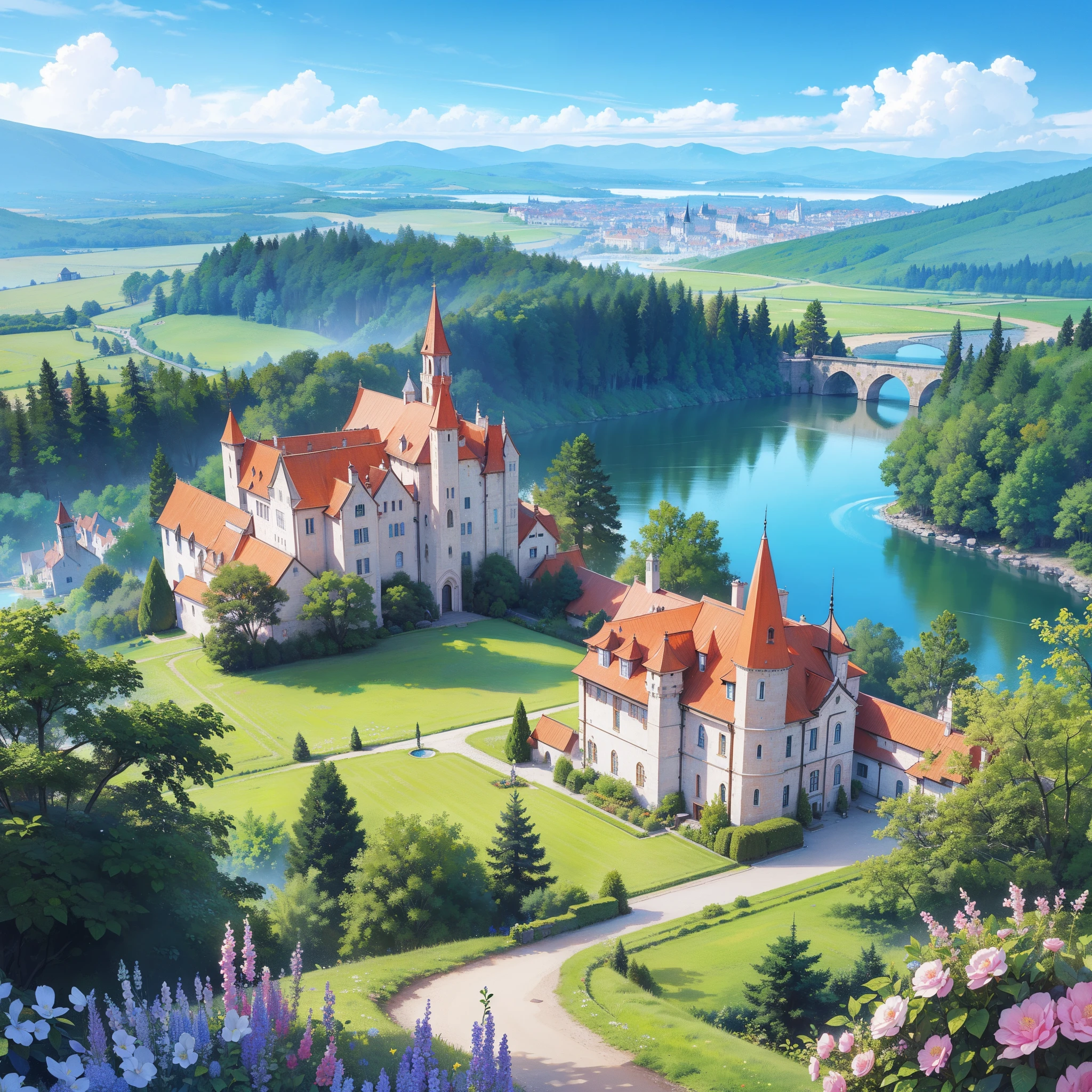 masterpiece, best quality, 8k resolution, sharp focus, intricate detail, beautiful landscape, fantasy storybook castle, magical landscape, colorful, whimsical, magical, high resolution, fine details, fantasy, lake, flowers, garden, village, (huge castle), colorful beautiful sky