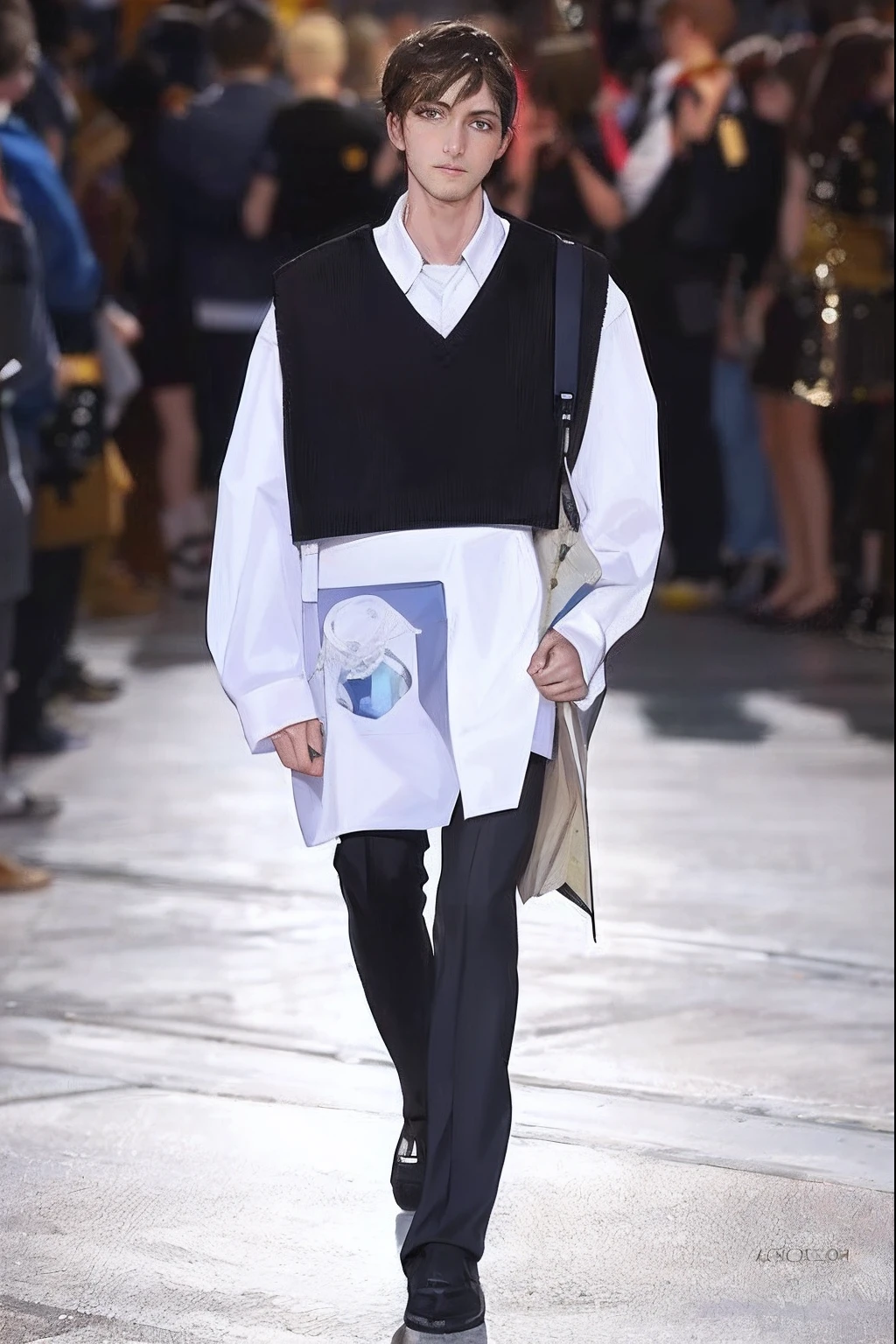 Arafad image of a man walking on a runway in a vest, raf simons fashion couture, post modernist layering, raf simons, comme des garcon campaign, balenciaga fashion, off - white style, margiela campaign, highly fashionable, style blend of the vatican, 2 0 2 0 fashion, trending on r/Street attire, Fashion of the Year