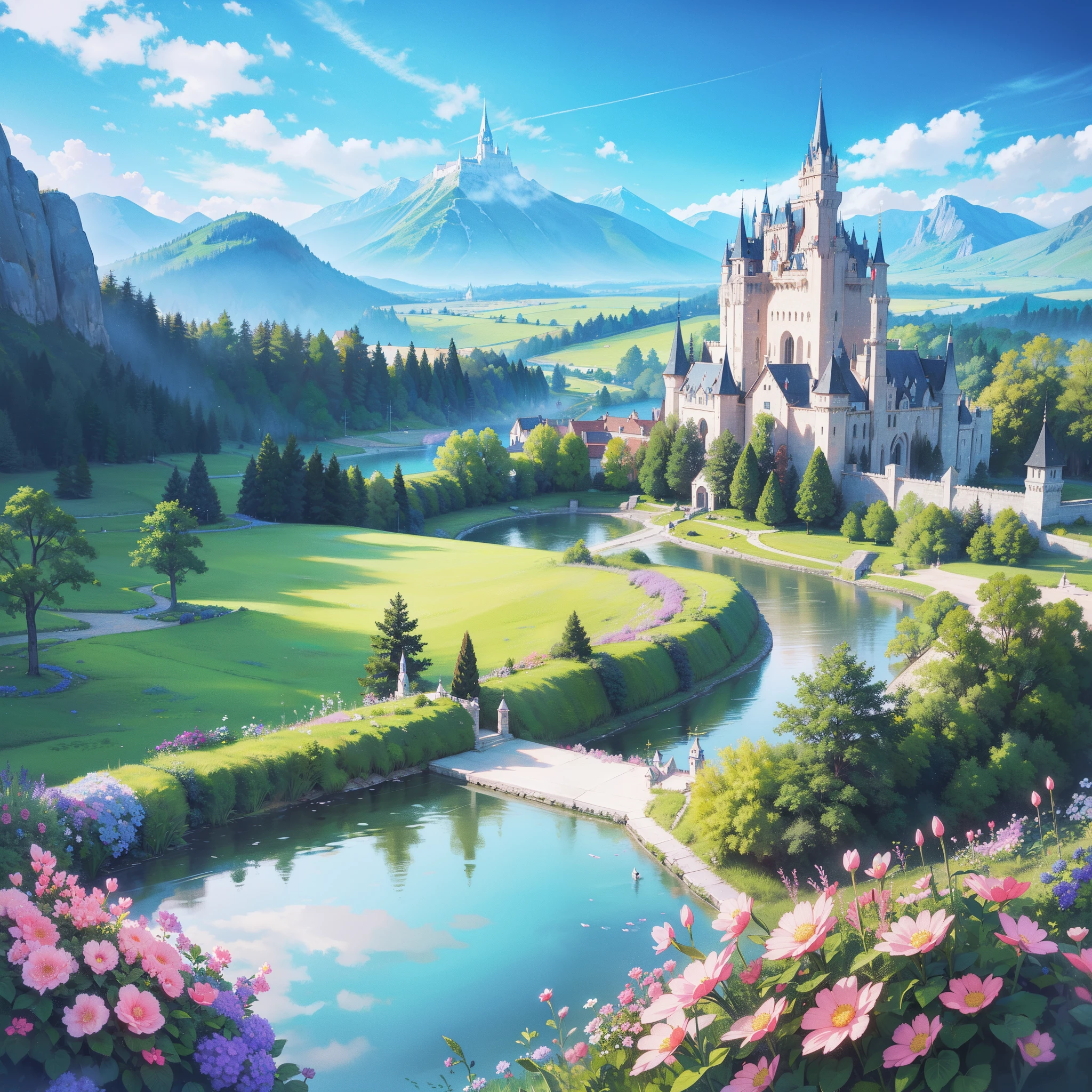 masterpiece, best quality, 8k resolution, sharp focus, intricate detail, beautiful landscape, fantasy storybook castle, magical landscape, colorful, whimsical, magical, high resolution, fine details, fantasy, lake, flowers, garden, village, (huge castle), colorful beautiful sky
