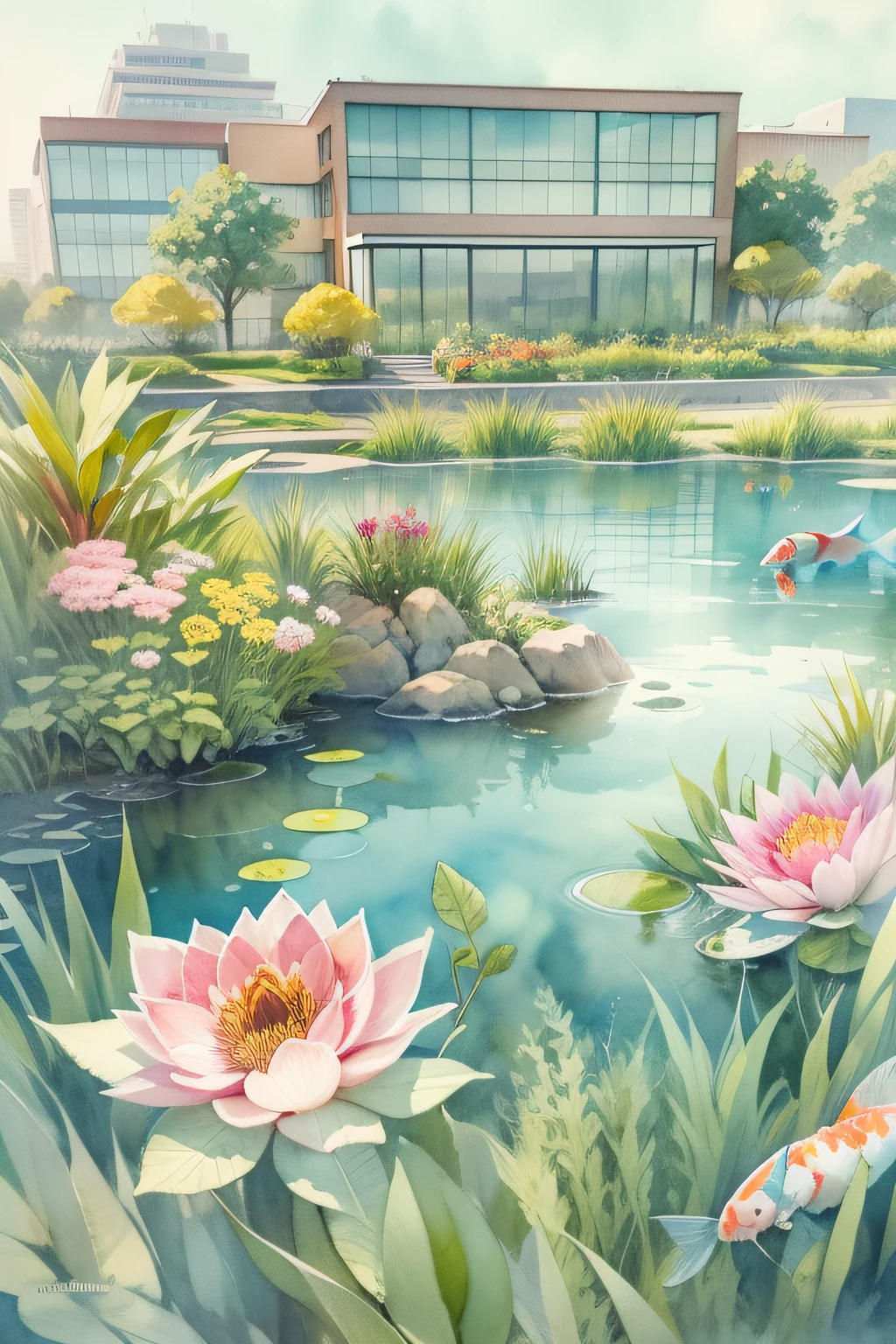 Koi in the pond,Green grass on the shore,Lots of flowers,A plant,There are schools on the shore,Modern architecture in the distance,the watercolor style, k hd