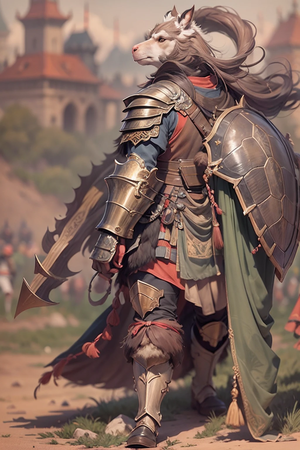 (anthropomorphic turtle),(Horse-headed warriors:1.4),coda,a tall body,Stout limbs,disdain,ran,tosen,The long hairs of the flame fluttered in the wind,combats,Dynamic lines,Dimly lit battlefield,Ruined castle,(stereoscopic perspective:1.4),Works of masters,super-fine,4K分辨率,high qulity,电影灯光,High picture detail,Detailed pubic hair,Epic shooting,Clearly focused hair,Detailed hair depiction,acurate
