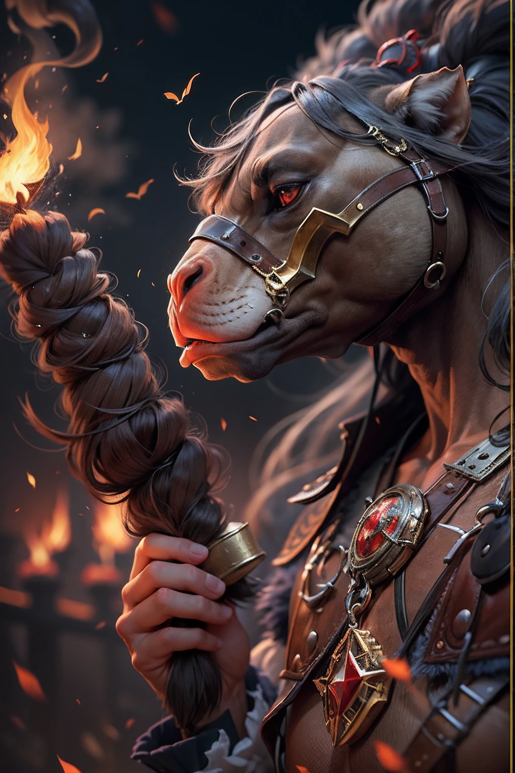 (anthropomorphic turtle),(Horse-headed warriors:1.4),coda,a tall body,Stout limbs,disdain,ran,tosen,The long hairs of the flame fluttered in the wind,combats,Dynamic lines,Dimly lit battlefield,Ruined castle,(stereoscopic perspective:1.4),Works of masters,super-fine,4K分辨率,high qulity,电影灯光,High picture detail,Detailed pubic hair,Epic shooting,Clearly focused hair,Detailed hair depiction,acurate