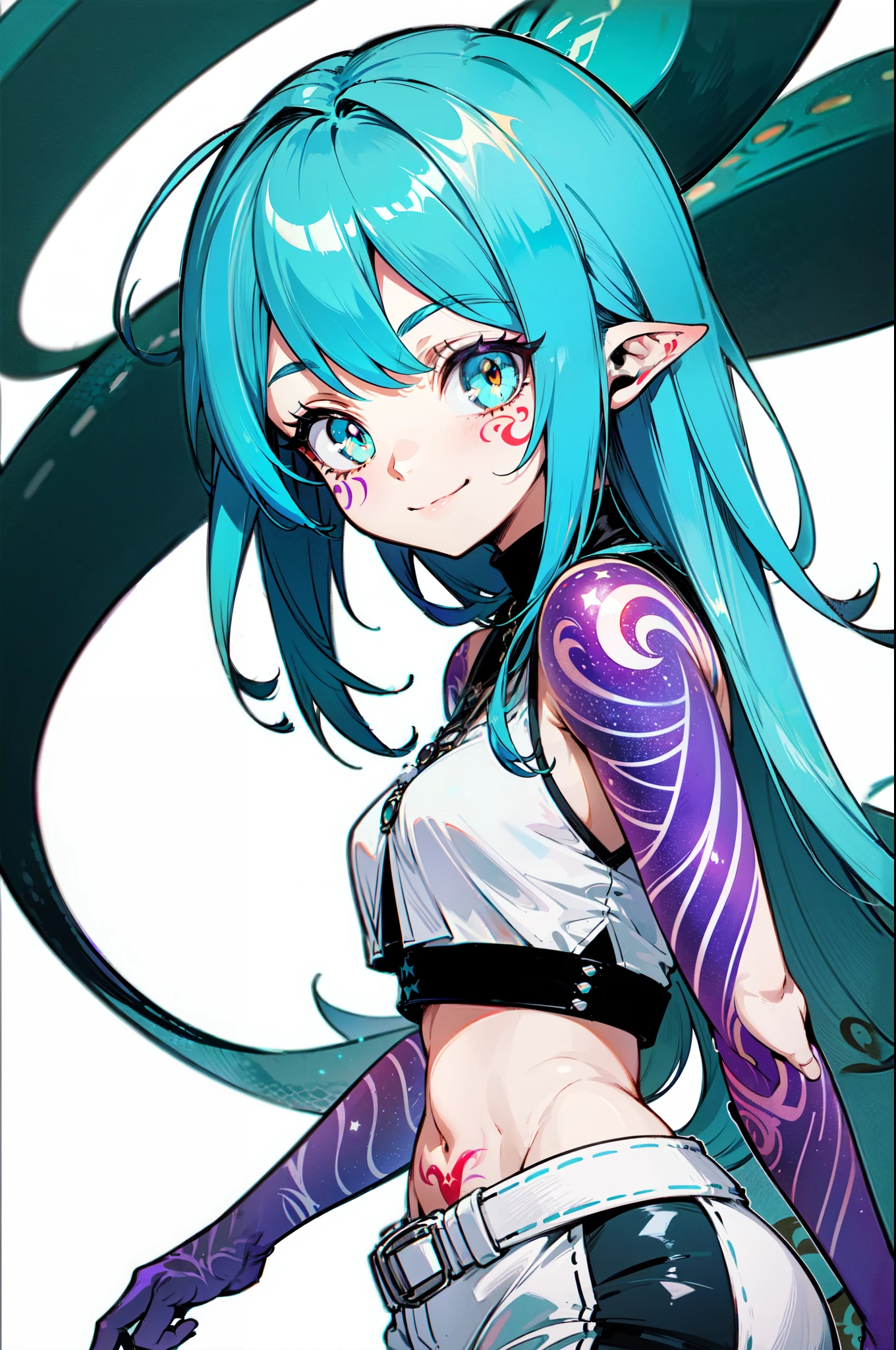 1girl, solo, cyan hair, light blue hair, very long hair, green eyes, small breasts, crop top, white top, navel, white shorts, (lizard tail, calango tail:1.25), pointy ears, (red tattoos, purple tattoos, tattoos all over her body:1.23), standing, smiling, closed mouth, arms behind back, close-up, portrait, zoom in, transparent background, white background, ((masterpiece, best quality, limited palette))