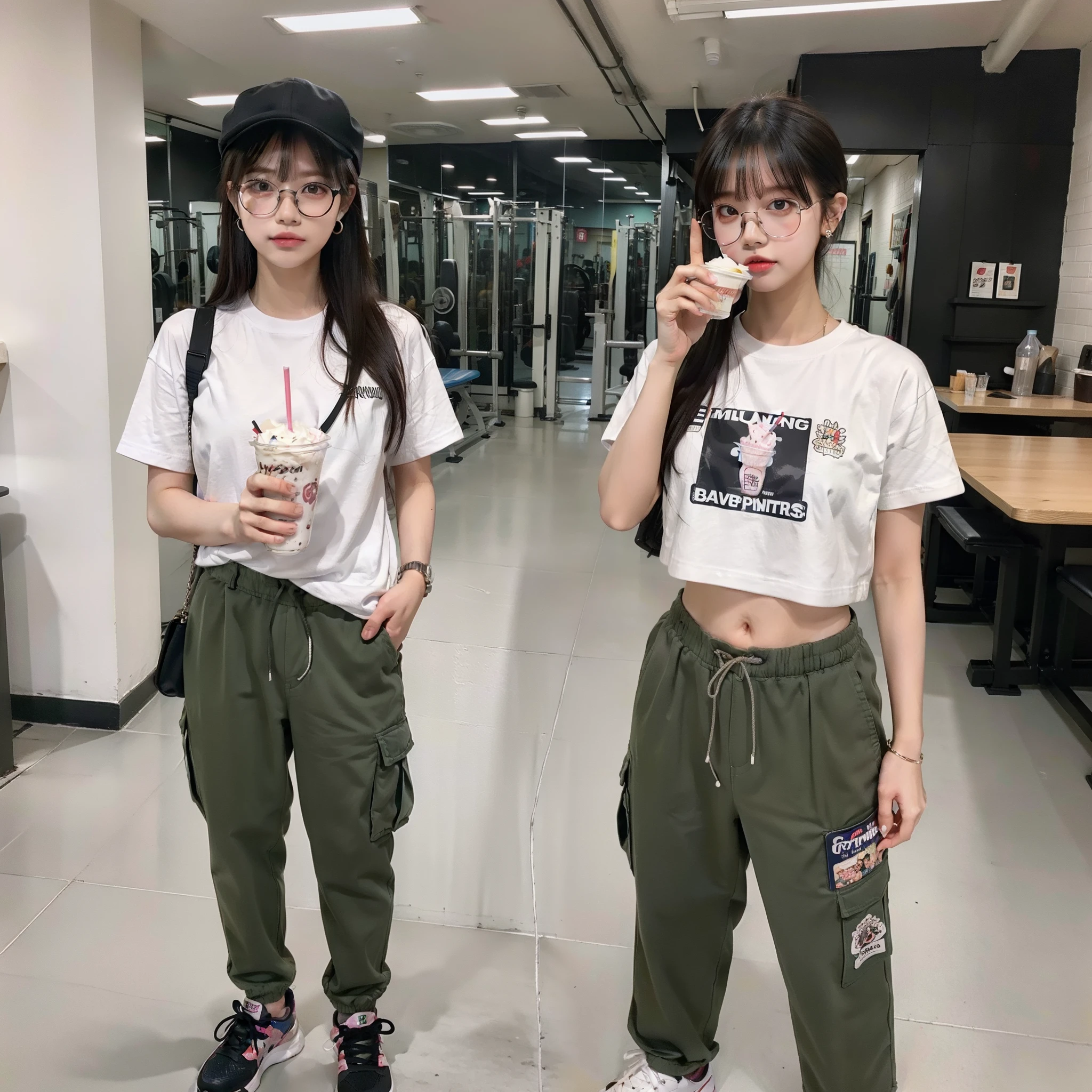 1girl, bangs, cute, print shirt, cap, cargo pants, earring, glasses, holding a milkshake in hand, gym background, using a real face, 4k, taken by fuji film, full body ratio, standing, perfect face