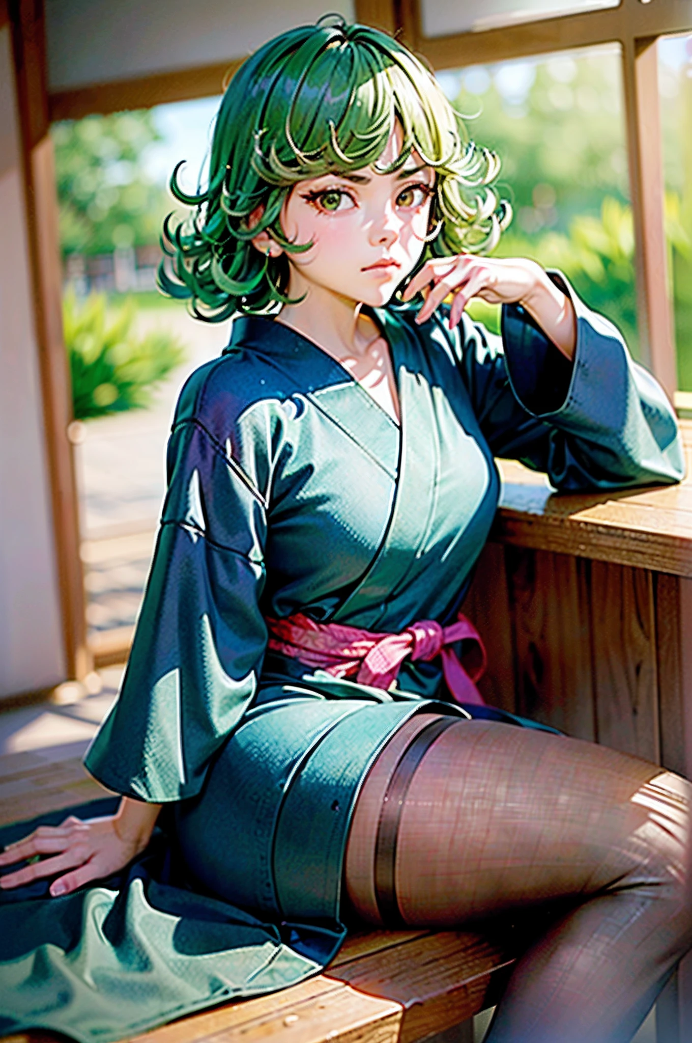 (Masterpiece, Best Quality:1.2), 独奏, 1girl, tatsumaki, unamused, closed mouth, looking a viewer, hand on our face, sitting, Short black kimono ,big thighs,crossing leg