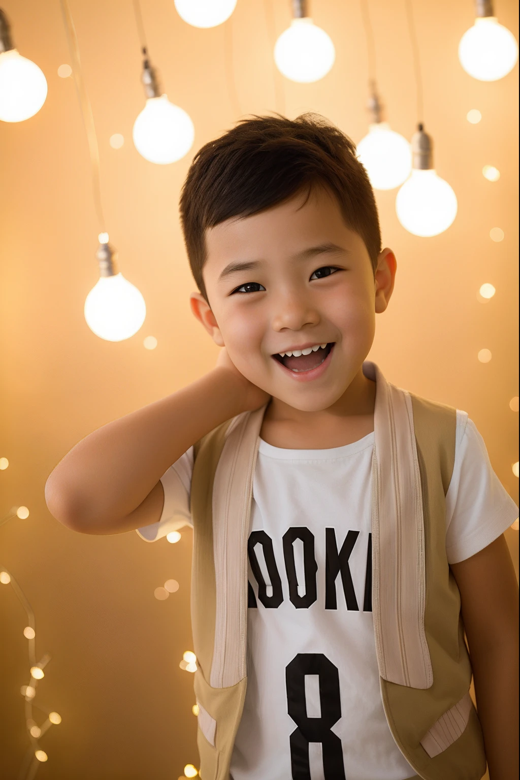 There is a smiling boy wearing a t-shirt jacket and ginger vest, Cute boy, close up portrait shot, Happy kids, Young boy, kiddy big breasts, joyful expressions, medium portrait soft light, kid a, young cute wan asian face, good lighted photo, portrait soft light, Bokeh background, photoshoot portrait, The boy has short black curly hair, backlight photo sample,Make a Disney avatar feel