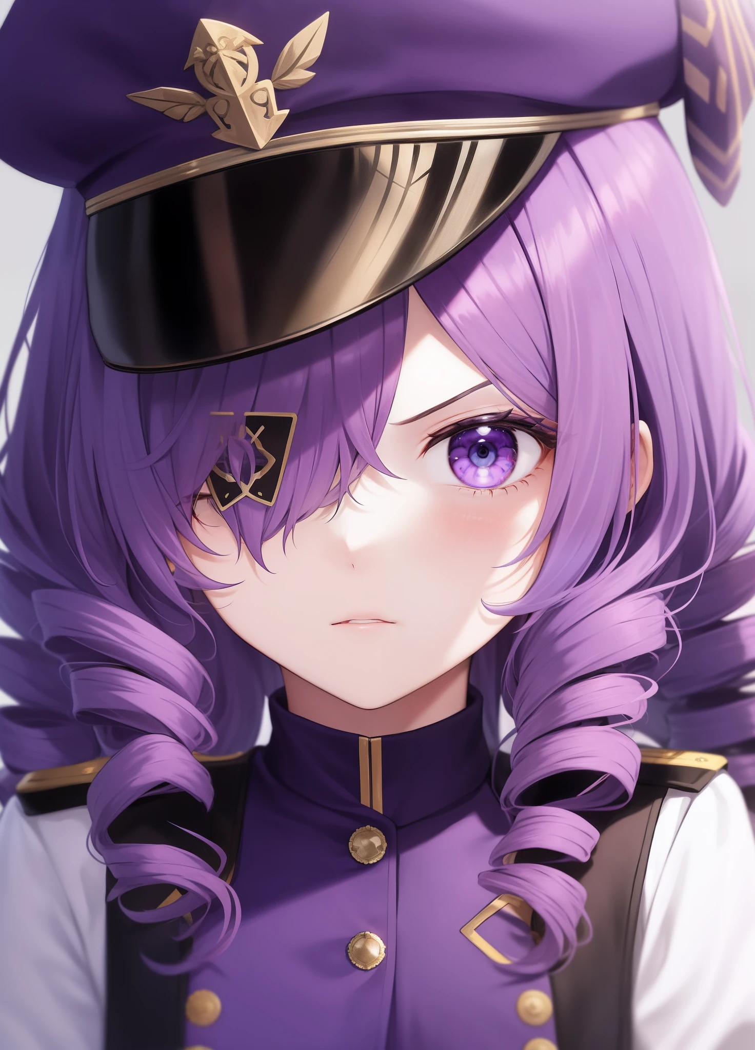 -year-girl,ple hair,hair on one eye,Purple military uniform,Purple military cap,Super detail,quad drills,Serious expressions