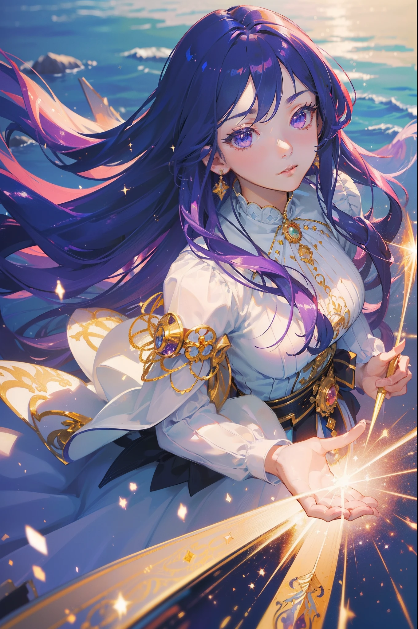 (masterpiece, best quality, beautiful detailed hair detailed face, perfect feminine face:1.4), (dynamic pose), [(attractive pose)], a beautiful and cute girl with sparkling and glowing purple hair, (sparkle particle), lens flare, sharp focus, volumetric lighting, by sakimichan, george kamitani, akira yasuda, trending on artstation, get million like, intricate details, (from above:1.2)