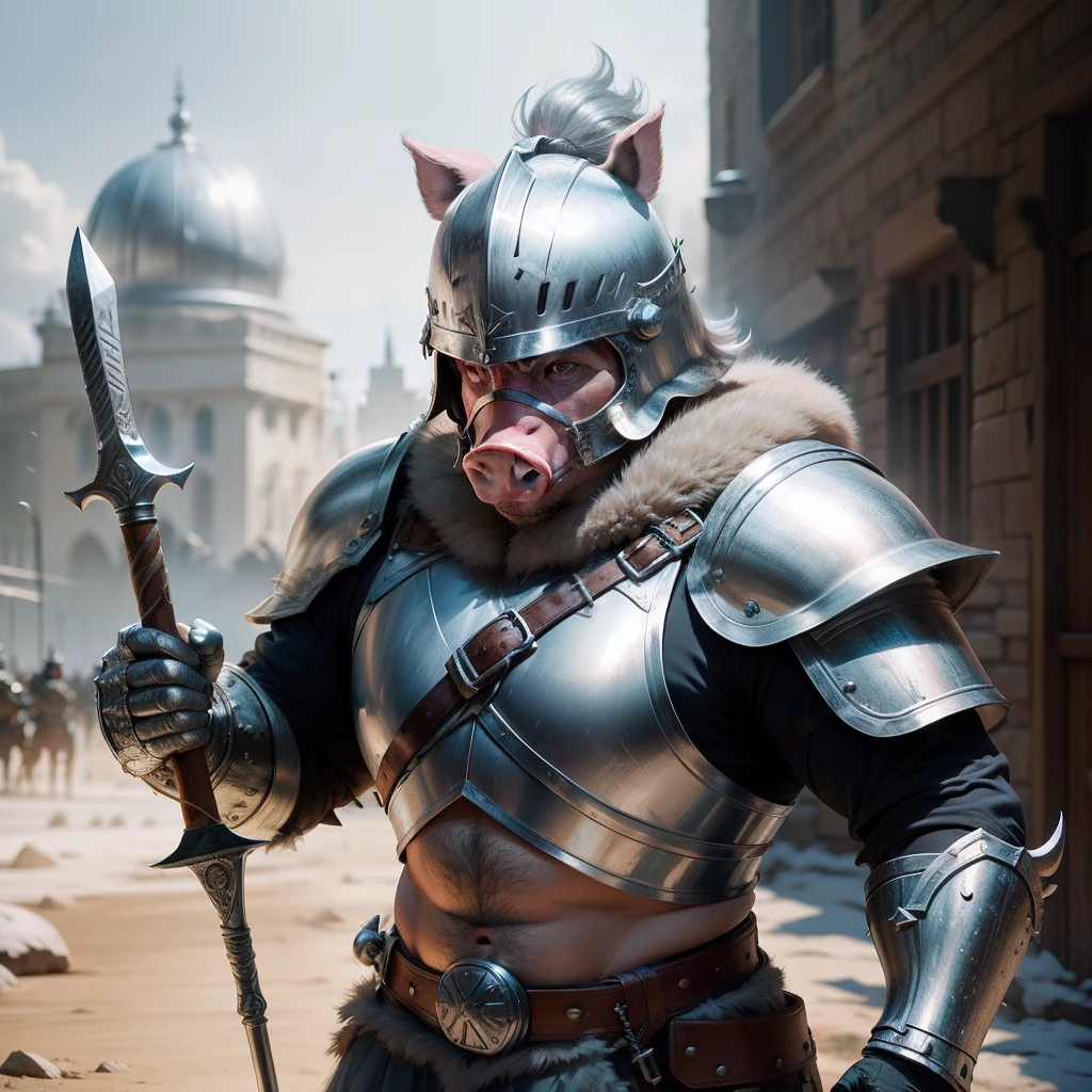 A pig man,Wears silver armor,With a tomahawk,With a silver helmet