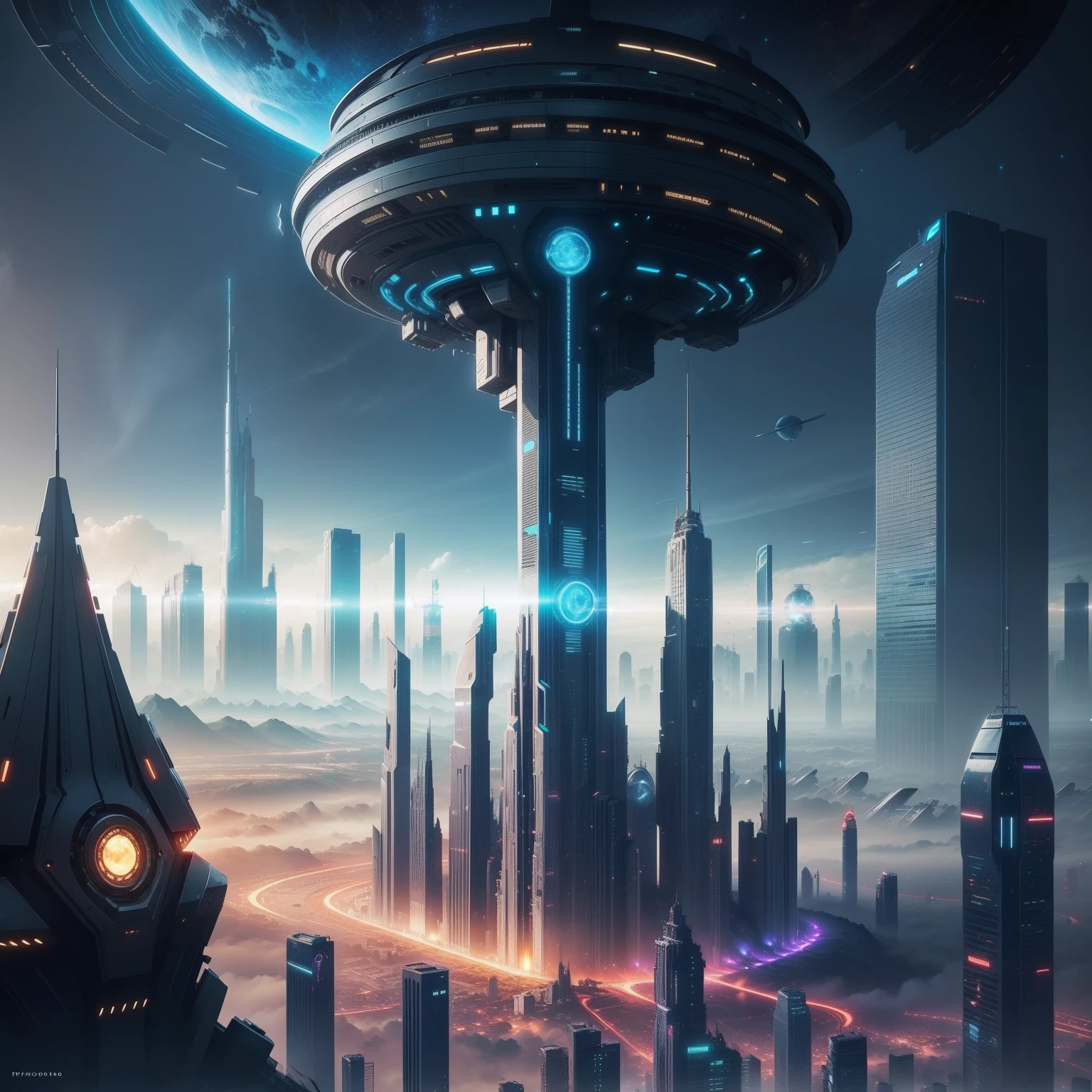 planet earth　kosmos　futuristic cities　cyberpunked　ＳＦart by　top-quality　​masterpiece　Towering skyscrapers　Building height１０fold