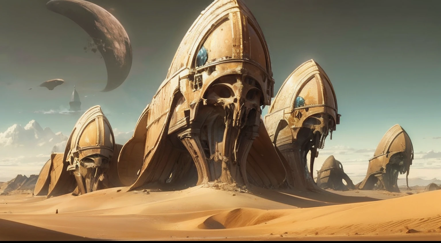 Naked alien vampires on desert dune planet with gigantic fortress and massive ancient alien structures thousands of ft wide and