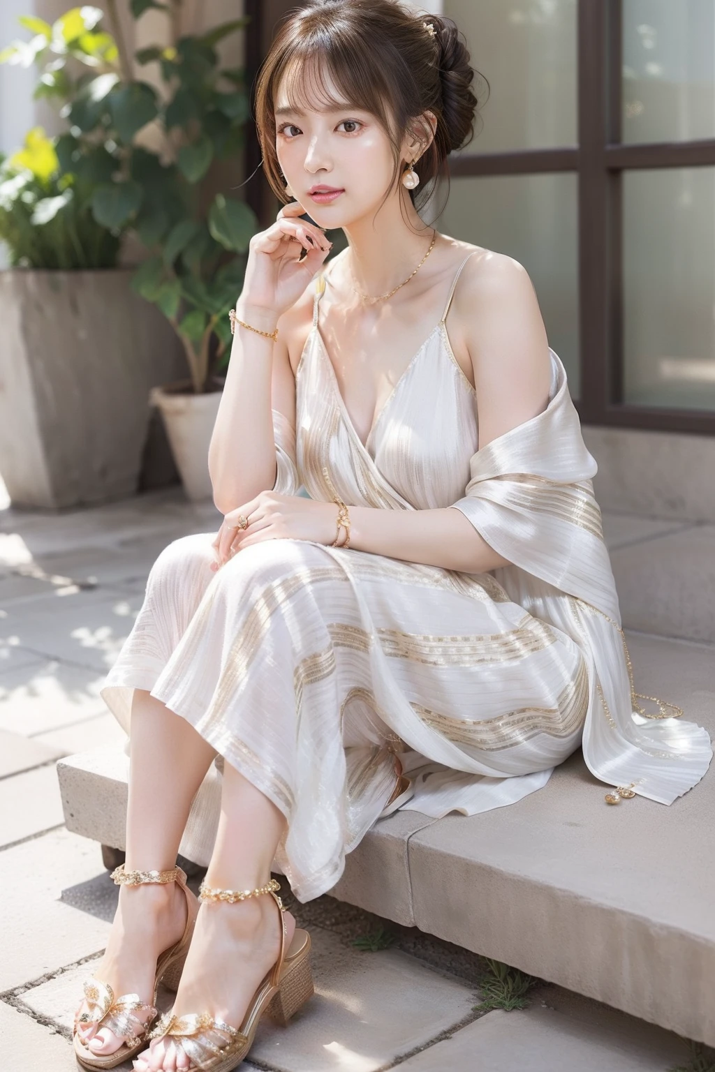 Elegant casual style portrait for spring summer。The model has loose side bun hair、Golden Highlights。Her Lavender Wrap Dress、Wearing white sandals。Accessories include、Includes pearl earrings and silk scarves。Elegant casual hairstyles。Loose sidevan hair、Golden Highlights。Make up with pink shiny lips and sparkly gold eyeshadow、Creates a chic and light look。