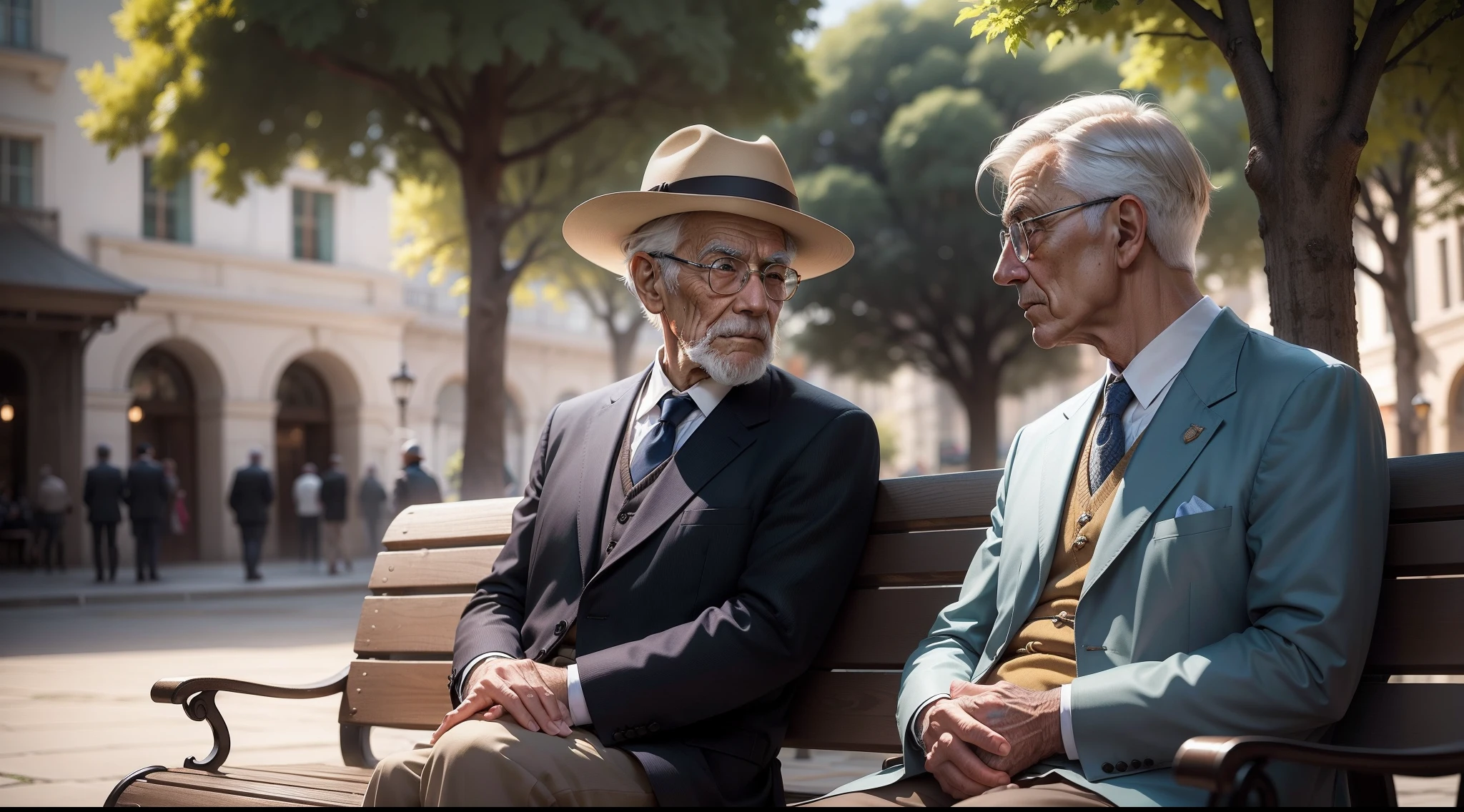 An elderly gentleman sitting on the bench in the square talks to a young man, fundo tranquilo e arborizado, dia ensolarado, classic, realista, atmosfera serena, highlighted details, vivid facial expressions, cores suaves, luz suave, sombras sutis.