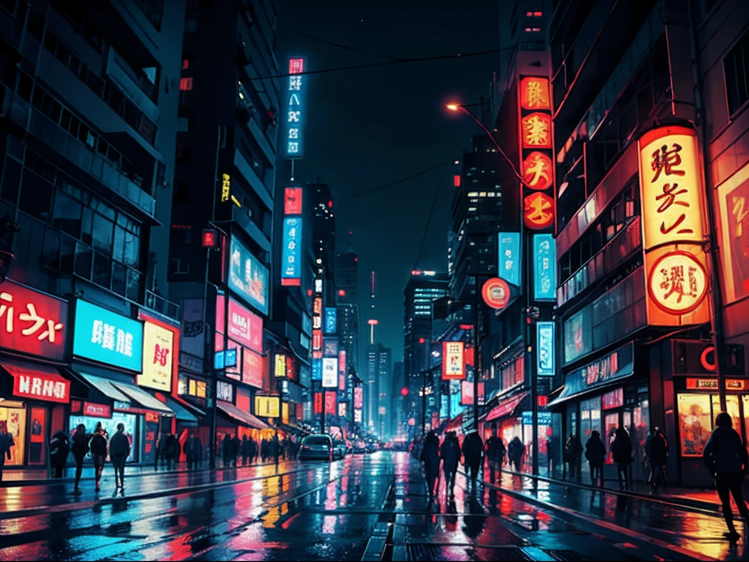 Um homem parado na chuva，segurando uma katana, Noite em uma cidade，Em uma cidade com fundos neon e neon，Cirilo Rolando，Chovendo，arte cyberpunk，Impressionistas，The foreground is Tokyo written in Japanese，Luzes da cidade em segundo plano，Aya Goda，Cidade urbana em segundo plano，uma pintura fosca，Sincronismo，anatomia correta，Meninas adolescentes，a noite，Menina urbana