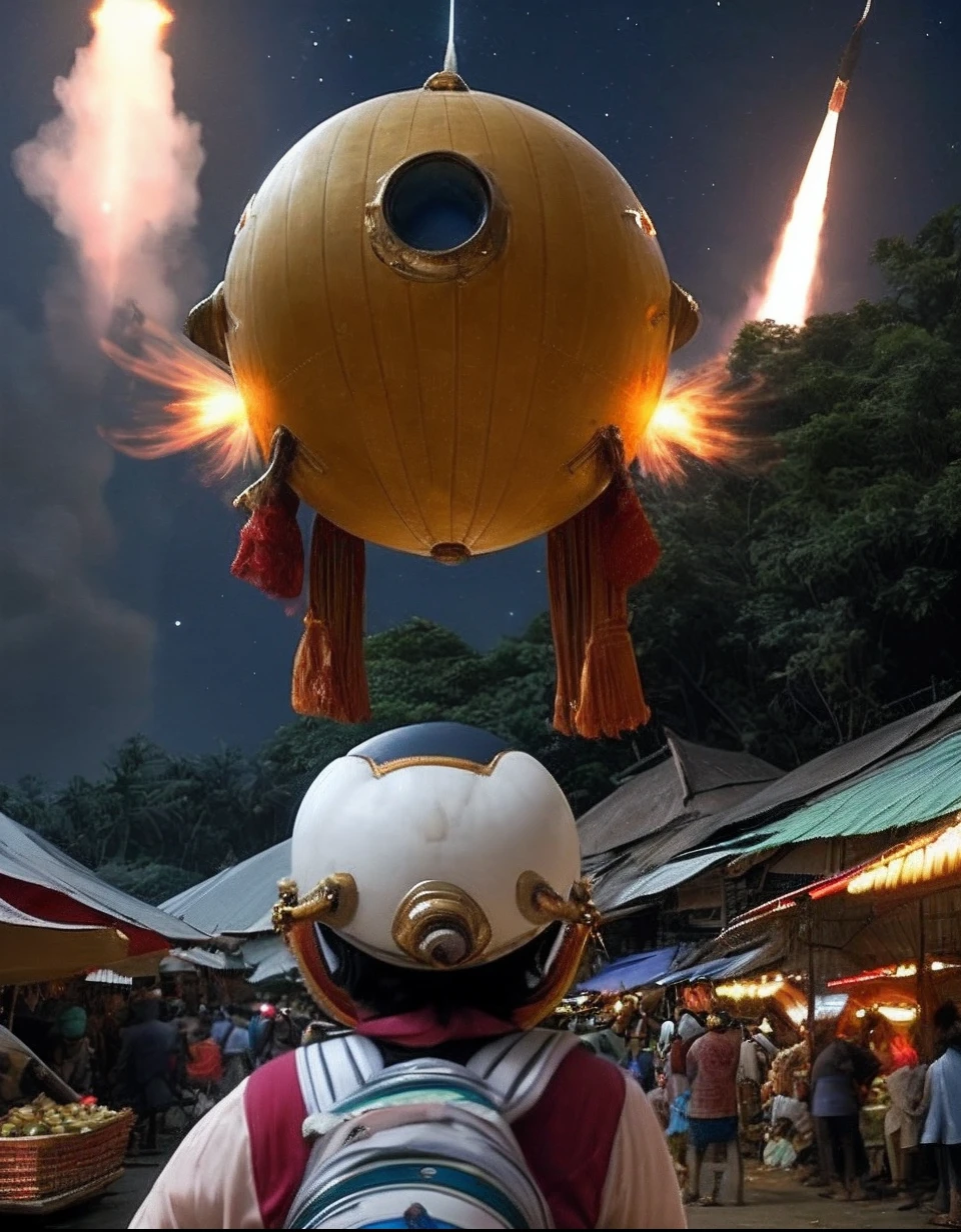 Indonesians people at the tradisional market, roll out shanties, ((peoples wearing astronout helmet)),in front is  Indian rocket landing on the moon, at night,