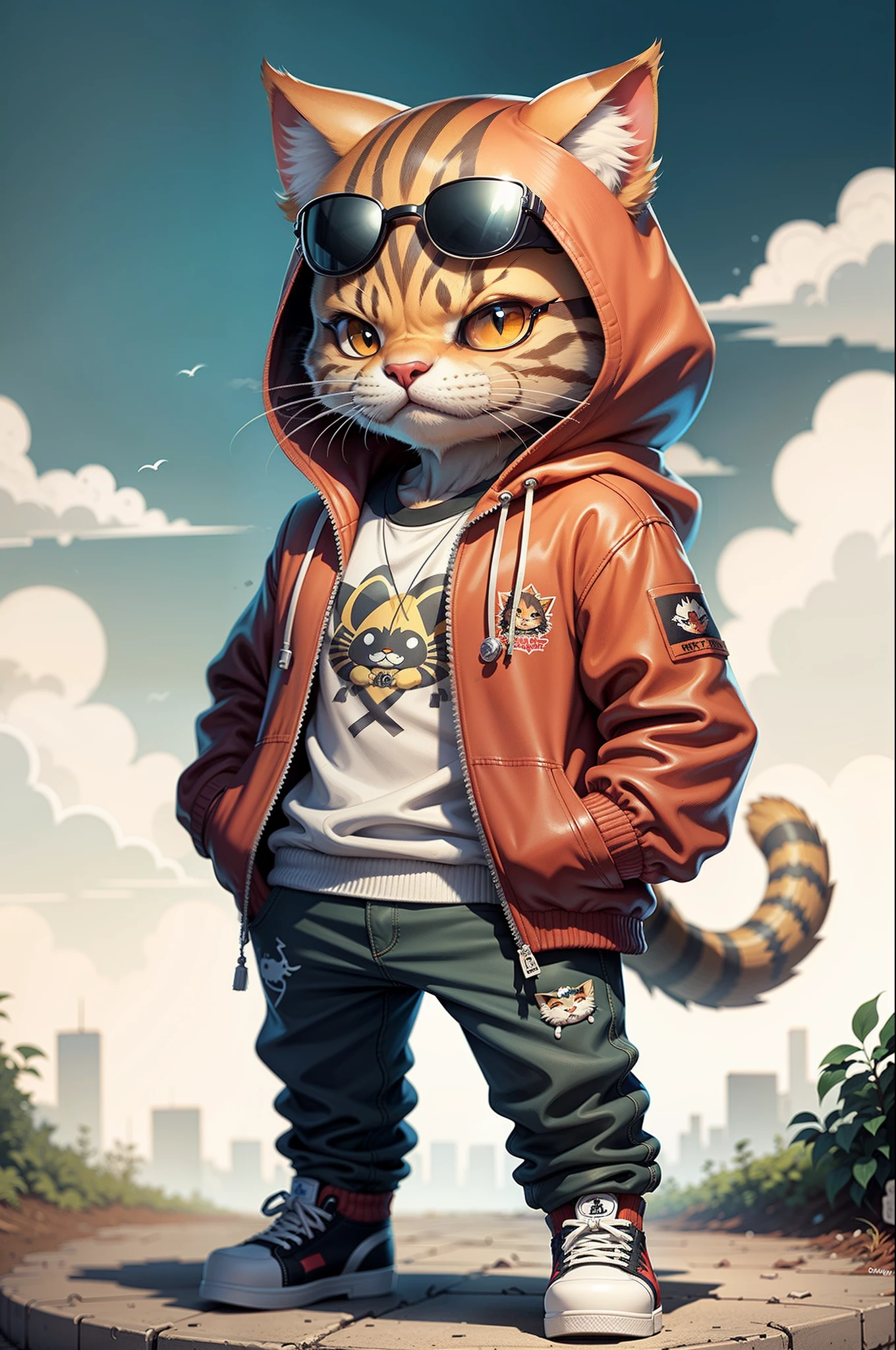 C4tt4stic, Cartoon Red Tabby cat in jacket and skateboard, Sunglasses,
