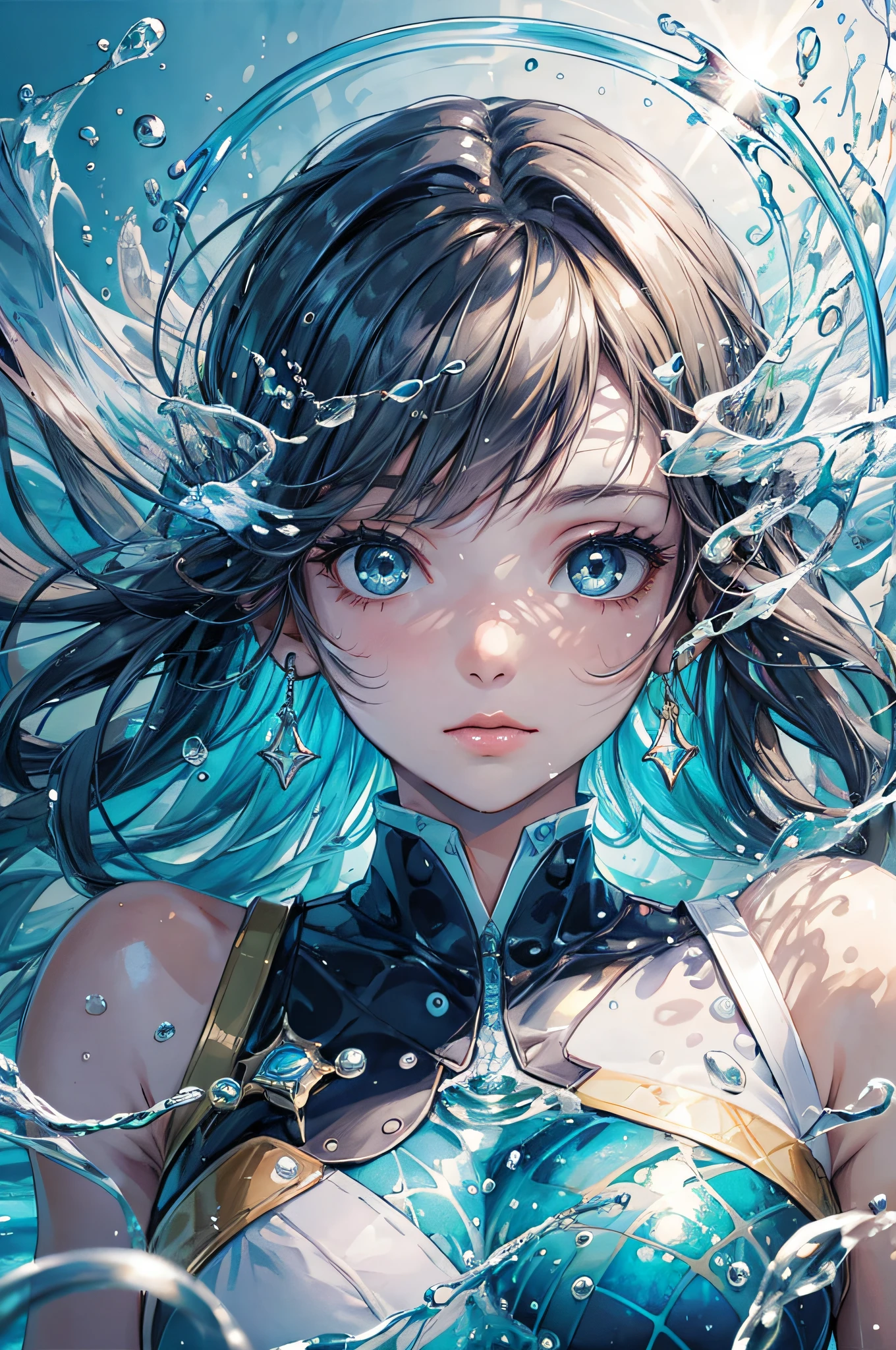 abstract background,(illustration:1),masterpiece,best quality,detailed face and eyes,1 girl,underwater hair physics,air bubbles,light coming through water,reflections,laying in water,split layers of water,school of fish,beauty,
