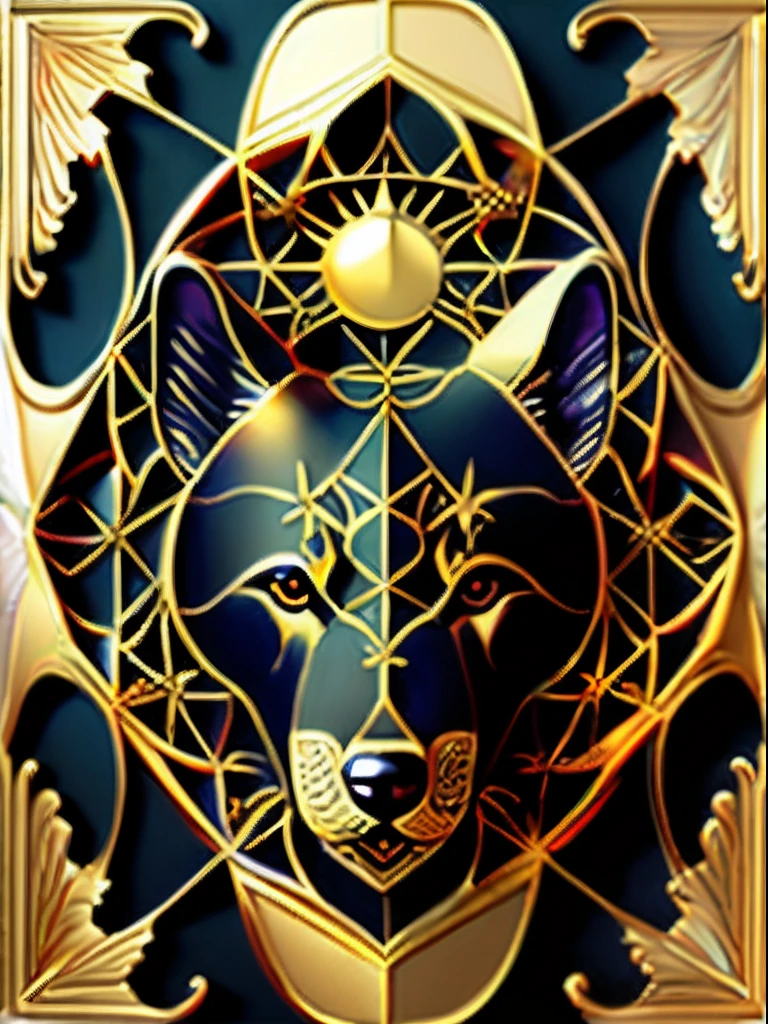 (Zodiac dog head) ، simple, Best quality, Beautiful,Fractal art,Holy light,gold foil,Gold leaf art,Self-luminescence,Represented in the picture