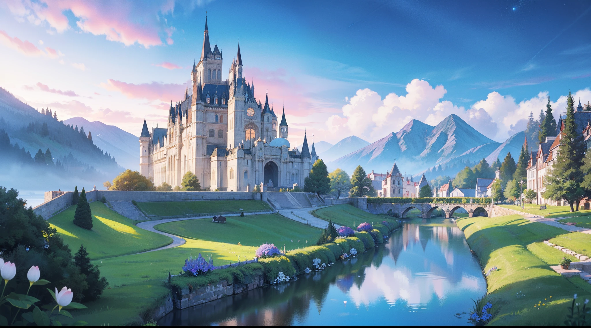 masterpiece, best quality, 8k resolution, sharp focus, intricate detail, beautiful landscape, fantasy storybook castle, magical landscape, colorful, whimsical, magical, high resolution, fine details, fantasy, lake, flowers, garden, village, (huge castle), colorful beautiful sky