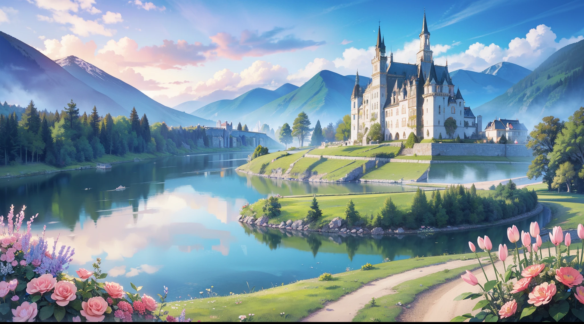 masterpiece, best quality, 8k resolution, sharp focus, intricate detail, beautiful landscape, fantasy storybook castle, magical landscape, colorful, whimsical, magical, high resolution, fine details, fantasy, lake, flowers, garden, village, (huge castle), colorful beautiful sky