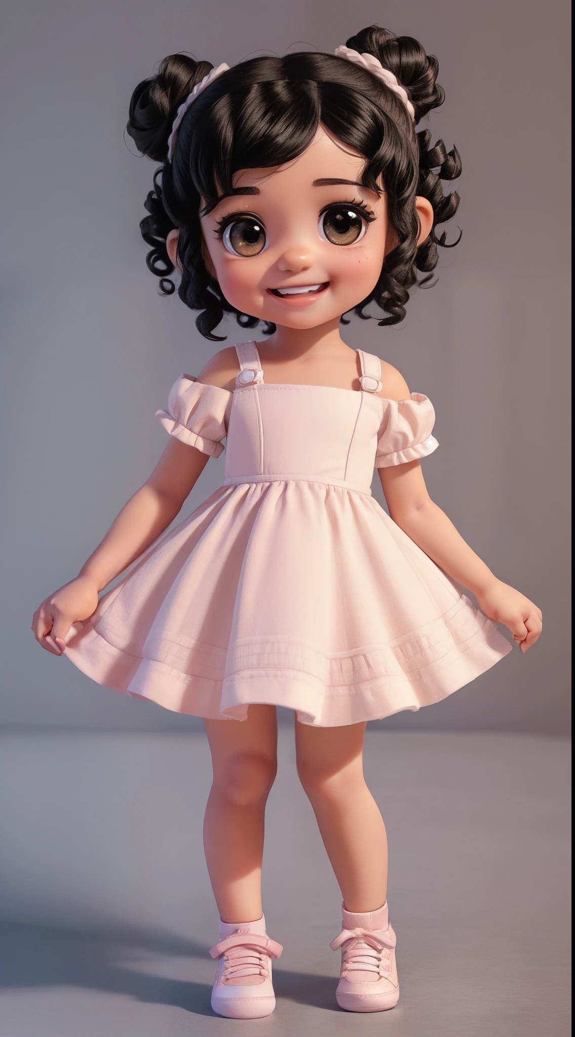 (((little baby girl))), (((BABY))), cute, chibi, (((black hair in a bun))), short hair, ((((curly hair)))), brown eyes, happy, (((smiling )) ), ((brown skin)), sweet pink dress, white sneakers, children's book illustration style, girl, 3 years old, cinematic flat white, vinyl figurine, high quality, 4k , (((full body))), eyes (((super detailed))), detail, ((((perfect hands)))), ((((detailed hands with only five fingers)))), (((Style sketch)))