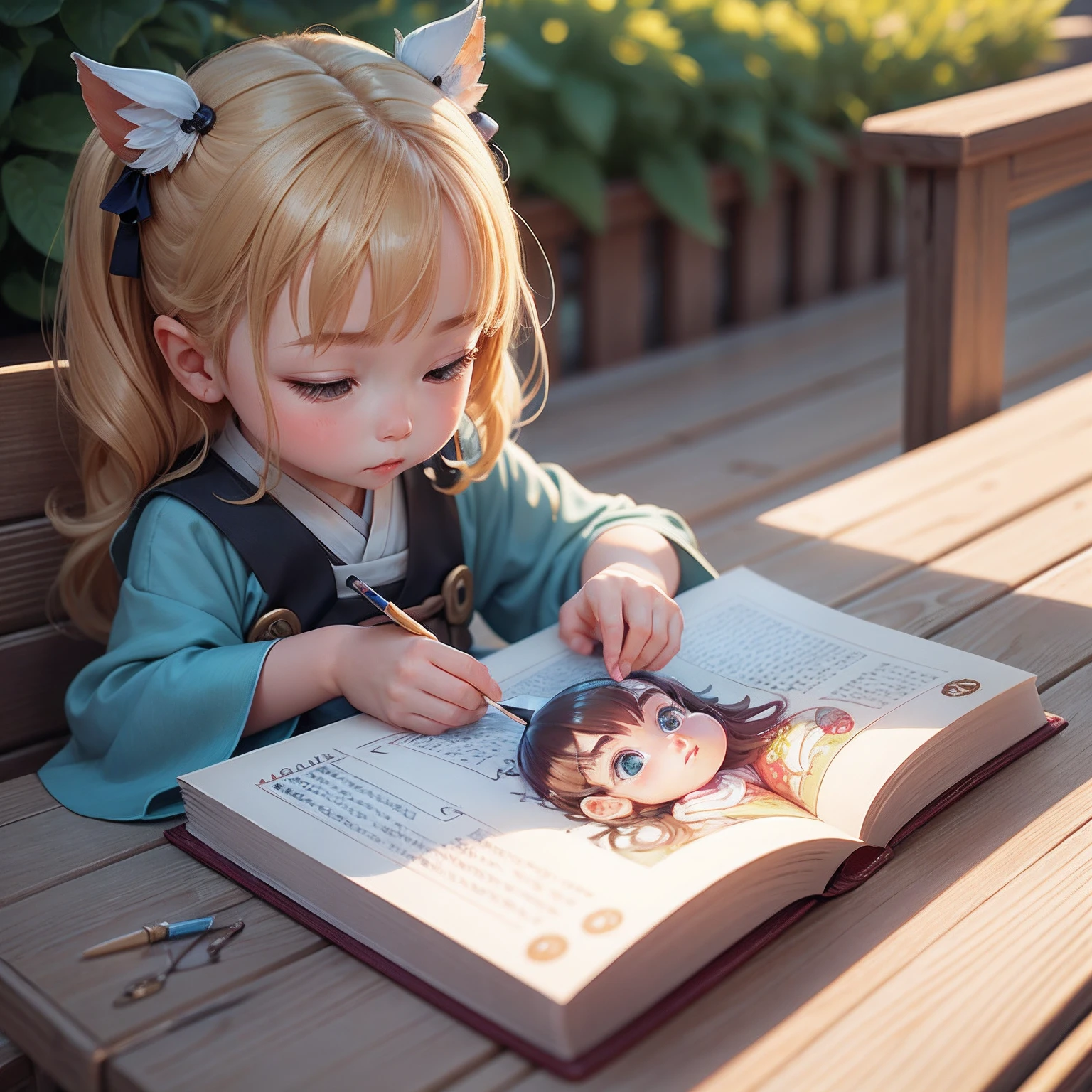 masterwork 。.3D ,Close-up of a child reading a book on a table, lovely digital painting, Cute detailed digital art, adorable digital art, Cute cartoon character, Realistic cute girl painting, cute detailed artwork, Beautiful character painting,digital cartoon painting art, Cute cartoon,A girl in Hanfu