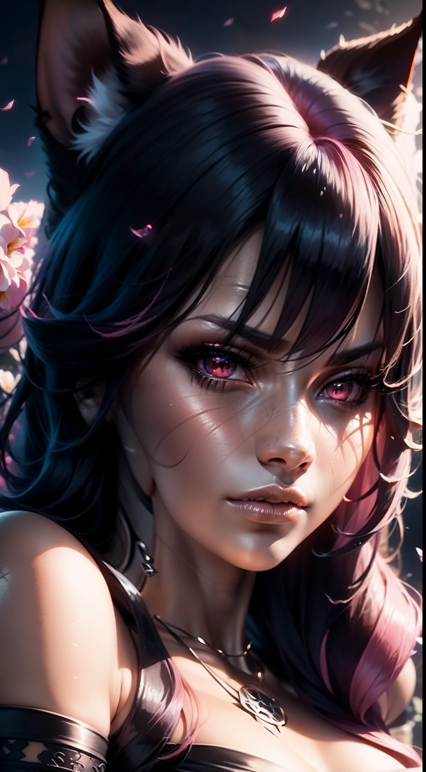 1girl, long pink hair, neko ears, Sasuke personagem anime, Close-up, olhos pretos, Supercollorfull, 8k, fundo estilo dark com alguns raios