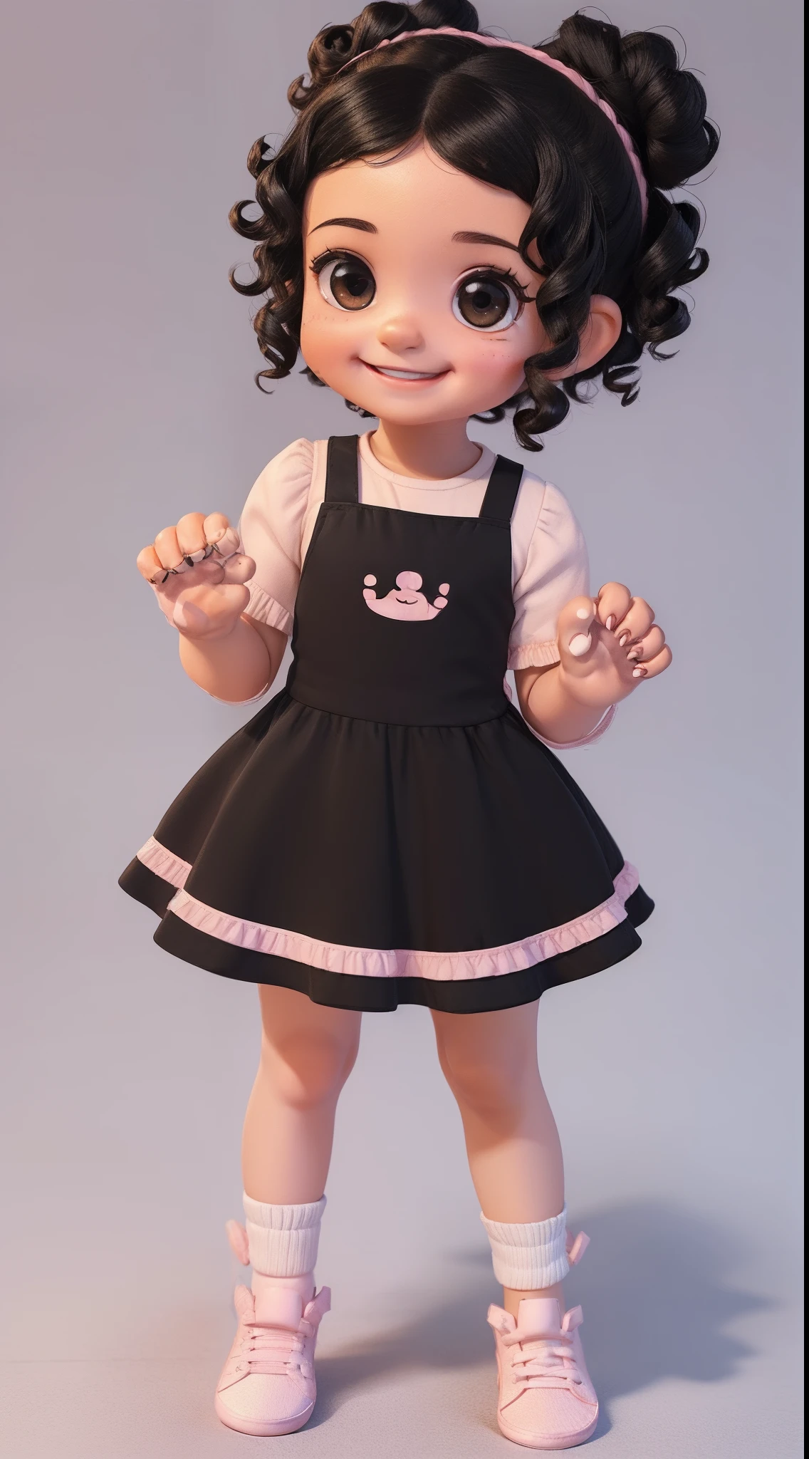 ((())), (((BABY))), cute, chibi, (((black hair in a bun))), short hair, ((((curly hair)))), brown eyes, happy, (((smiling )) ), ((brown skin)), sweet pink dress, white sneakers, children's book illustration style, girl, 3 years old, cinem white, vinyl figurine, high quality, 4k , (((full body))), eyes (((super detailed))), detail, ((((perfect hands)))), ((((detailed hands with only five fingers)))), (((Style sketch)))