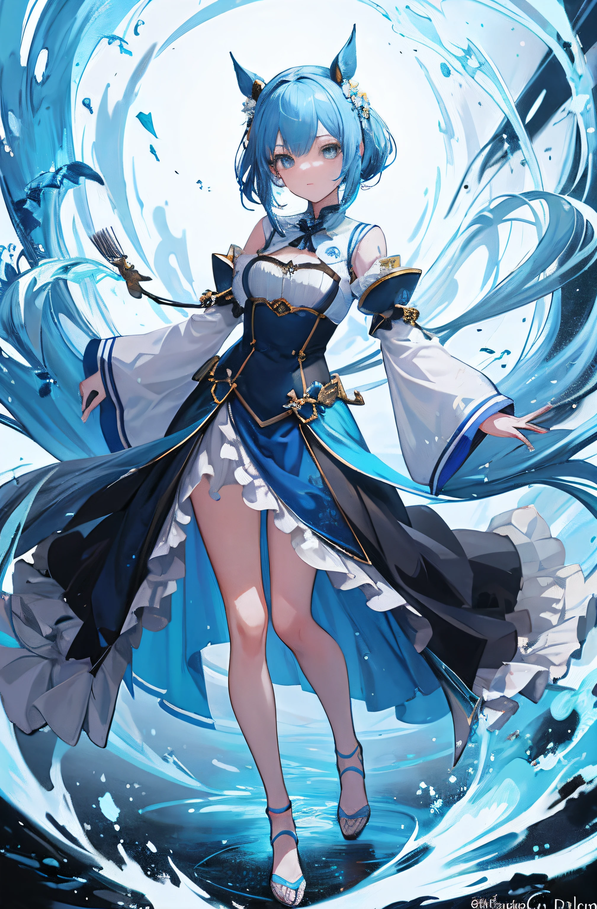 anime - style image of a woman with blue hair and a blue dress, extremely detailed artgerm, trending on artstation pixiv, artgerm on artstation pixiv, 8k high quality detailed art, anime goddess, ! dream artgerm, genshin, 2. 5 d cgi anime fantasy artwork, anime fantasy artwork,((elf ears)), ((long hair)), ((clothes)), ((full body))