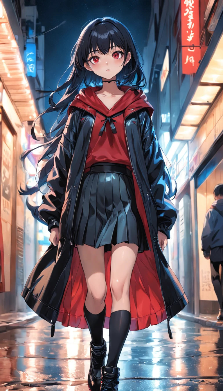 hermosa mujer de piel blanca con ojos azules,cabello plateado,cabello estilo pixie, vistiendo un largo abrigo rojo,mini falda negra de cuero,medias negras con liguero,botas de combate negras,streetwear fashion,en una calle de tokyo de noche lloviendo,charcos de agua en el piso,HDR,UHD,8k
