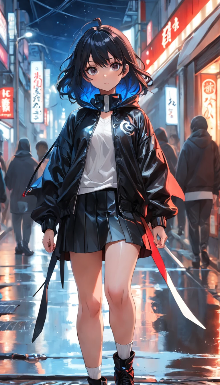 hermosa mujer de piel blanca con ojos azules,cabello plateado,cabello estilo pixie, vistiendo un largo abrigo rojo,mini falda negra de cuero,medias negras con liguero,botas de combate negras,streetwear fashion,en una calle de tokyo de noche lloviendo,charcos de agua en el piso,HDR,UHD,8k