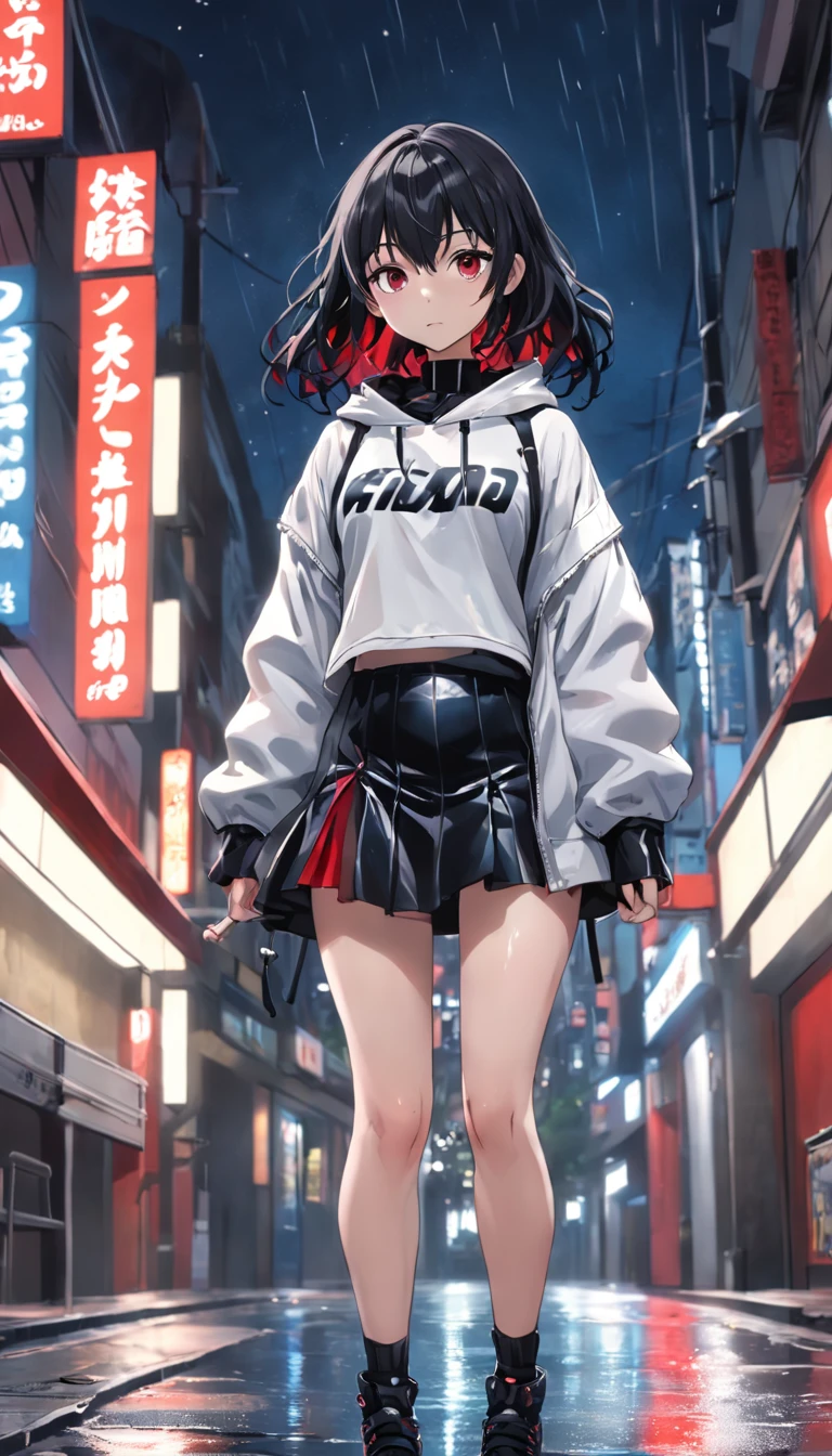 hermosa mujer de piel blanca con ojos azules,cabello plateado,cabello estilo pixie, vistiendo un largo abrigo rojo,mini falda negra de cuero,medias negras con liguero,botas de combate negras,streetwear fashion,en una calle de tokyo de noche lloviendo,charcos de agua en el piso,HDR,UHD,8k