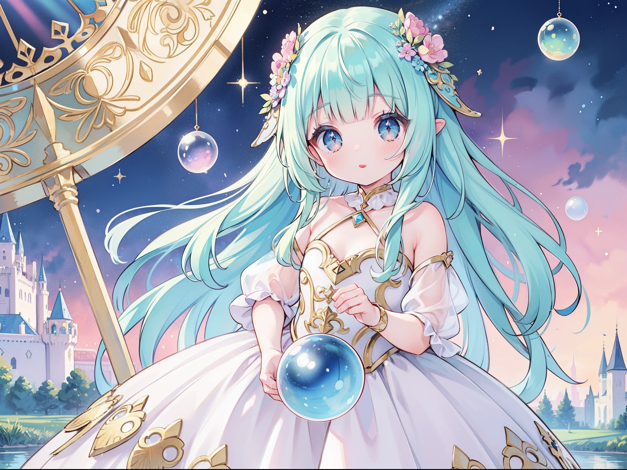 masterpiece, best quality, 8k resolution, sharp focus, intricate detail, beautiful girl, sparkling eyes, golden ratio face, otherworldly liquid, watercolor, ((pastel colors)), bright colors, whimsical, colorful, sharp focus, high resolution, fine detail, princess fantasy ballgown, ((round eyes)), iridescent bubbles, castle landscape in background